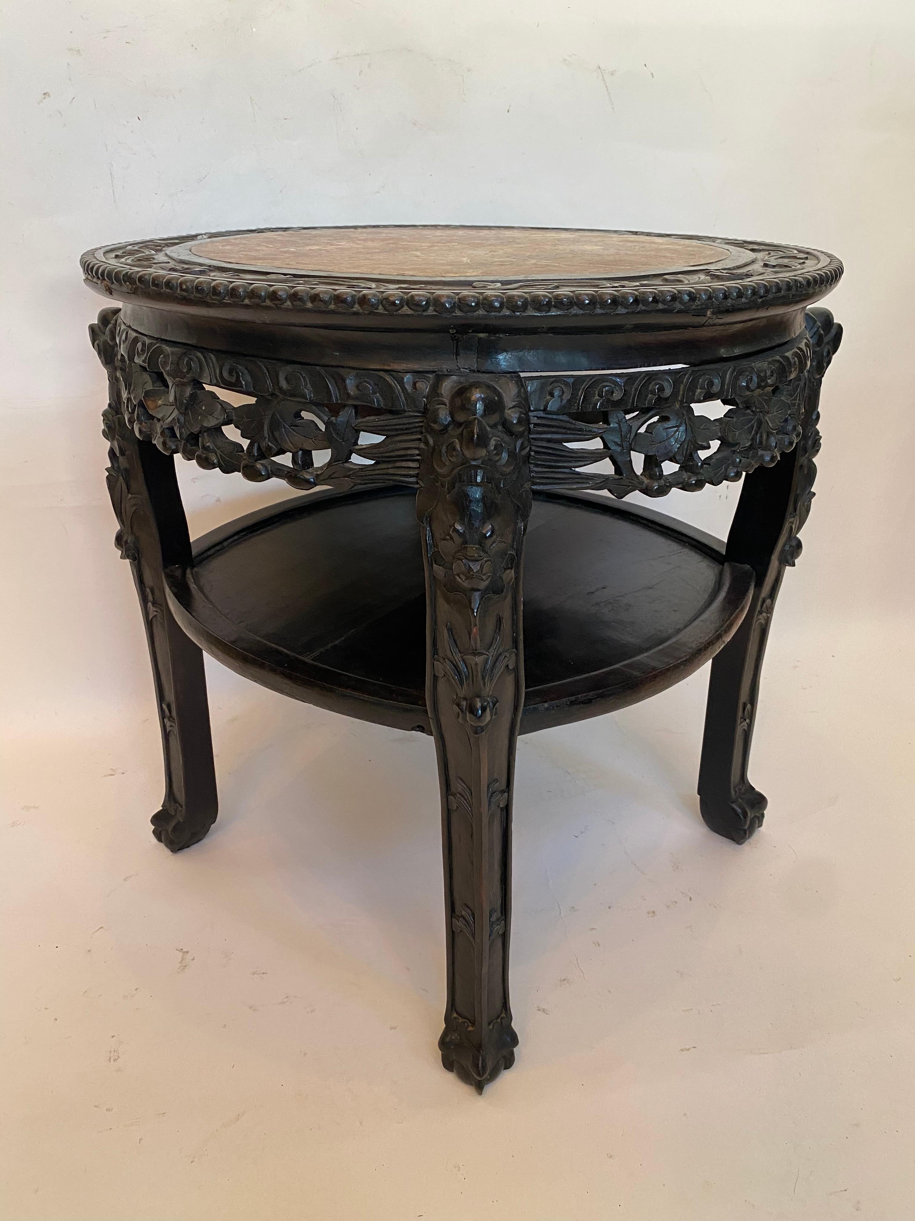 19th Century 23.5'' Chinese Carved Rosewood Flower Stands Marble-Top Insert For Sale 3