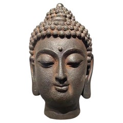 Asiatischer Eisen-Buddha-Kopf aus dem 19. Jahrhundert, 26 cm Höhe