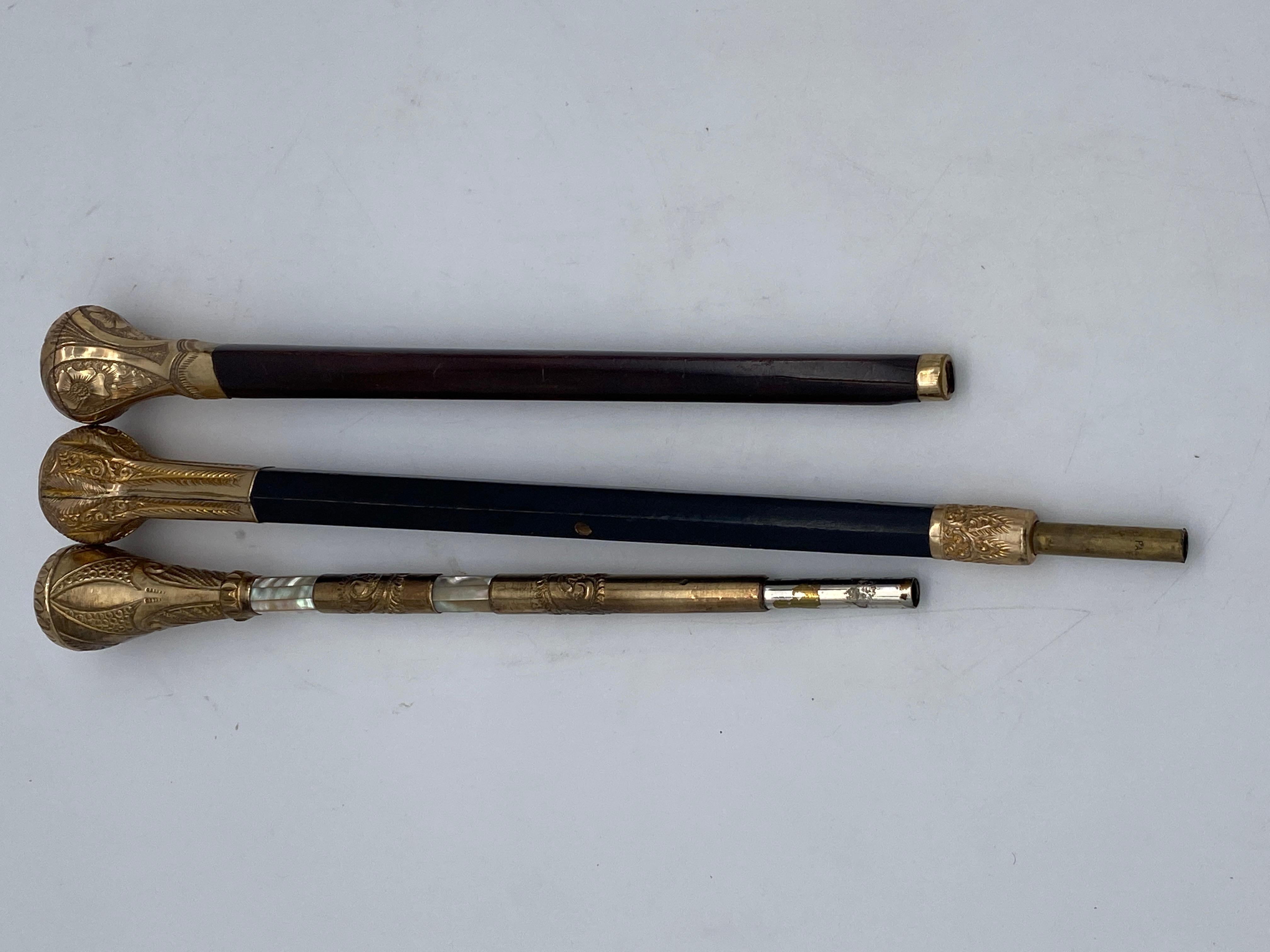 19th Century 3 Antique Victorian Gold Topped Canes or Parasol Handles In Good Condition For Sale In Brea, CA