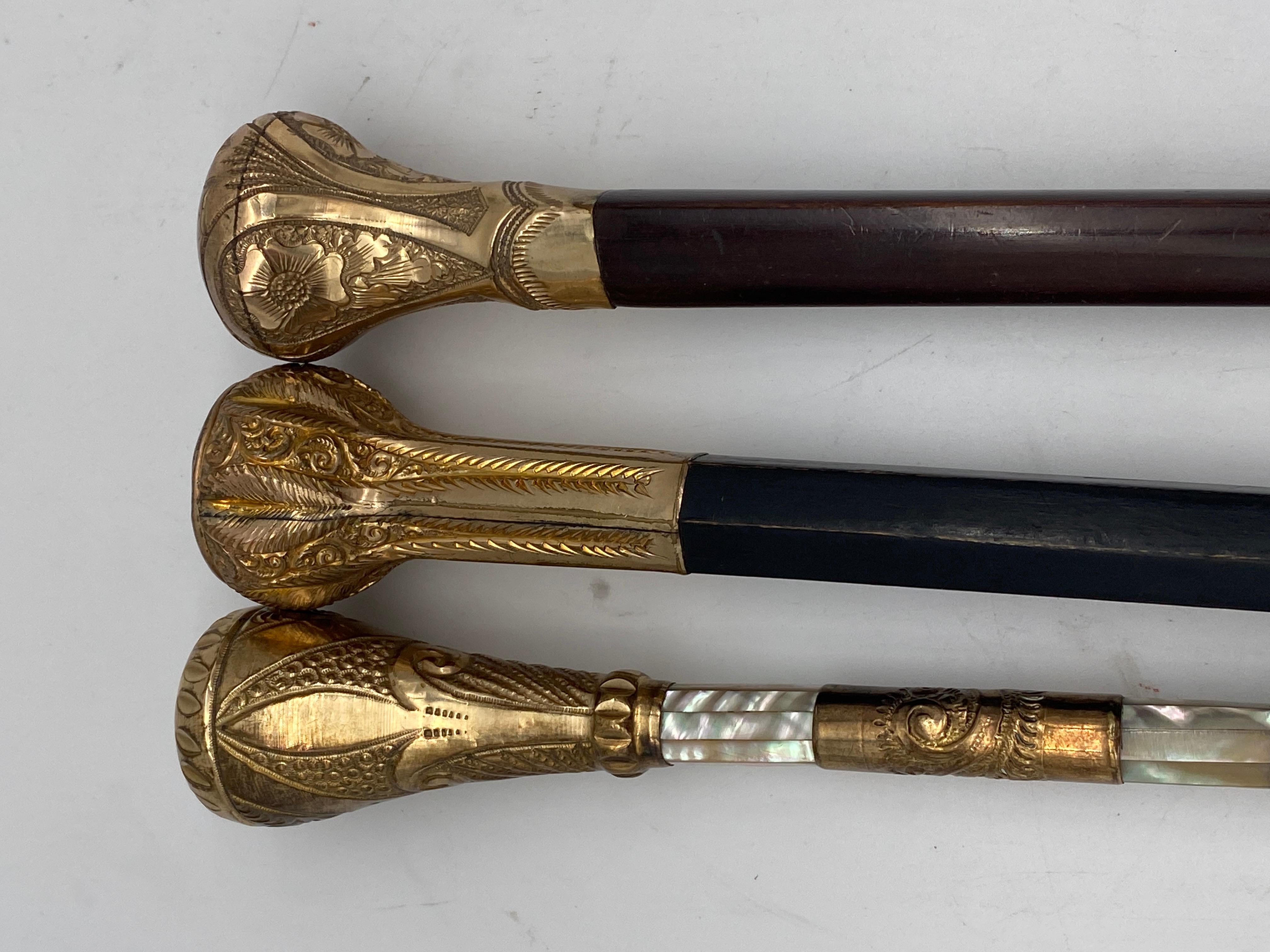 Silver 19th Century 3 Antique Victorian Gold Topped Canes or Parasol Handles  For Sale