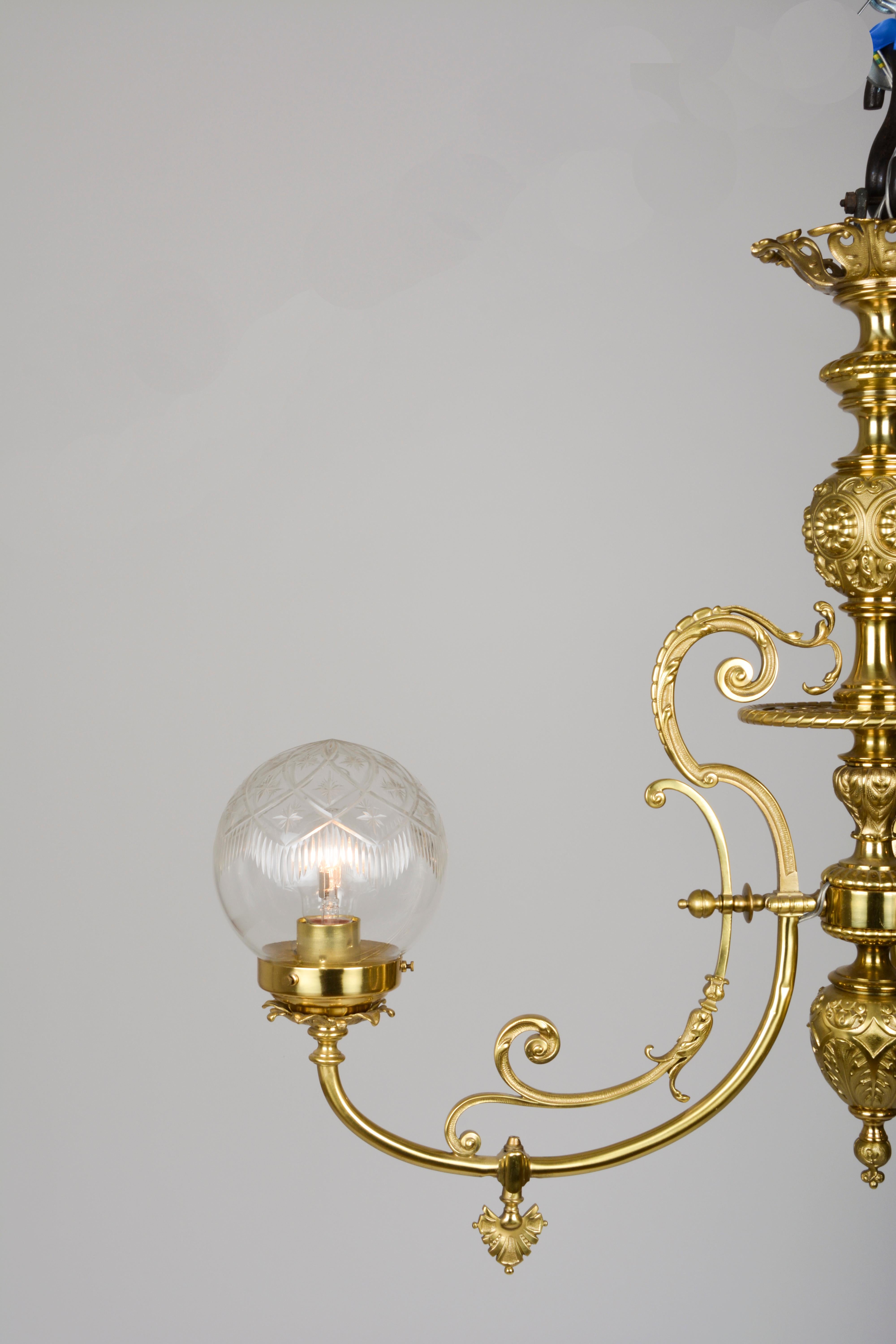 19th Century 3-Arm Electrified Gas Light Chandelier of Elaborately Cast Brass For Sale 5