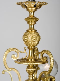 19th Century 3-Arm Electrified Gas Light Chandelier of Elaborately Cast Brass