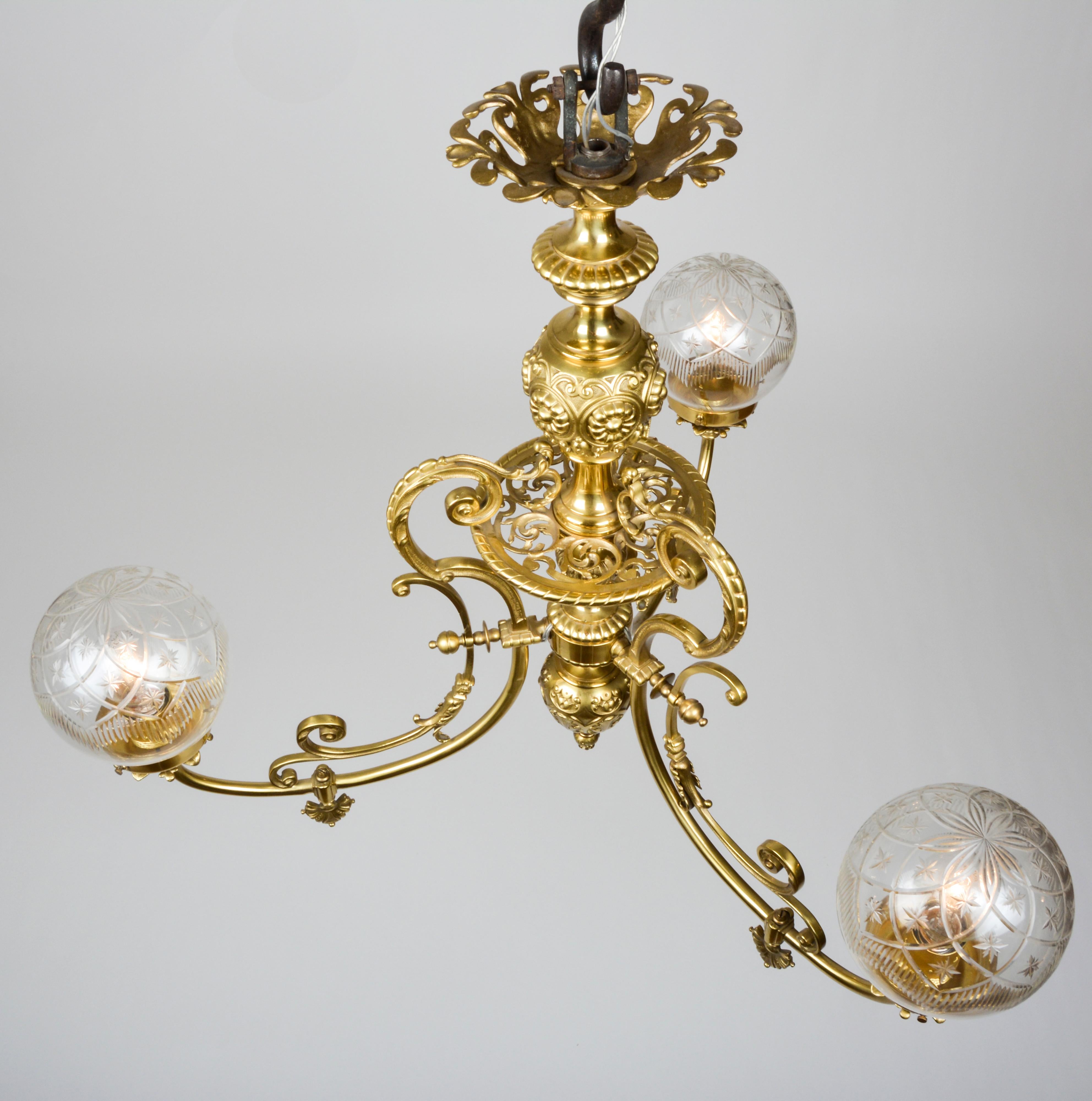 19th Century 3-Arm Electrified Gas Light Chandelier of Elaborately Cast Brass For Sale 3