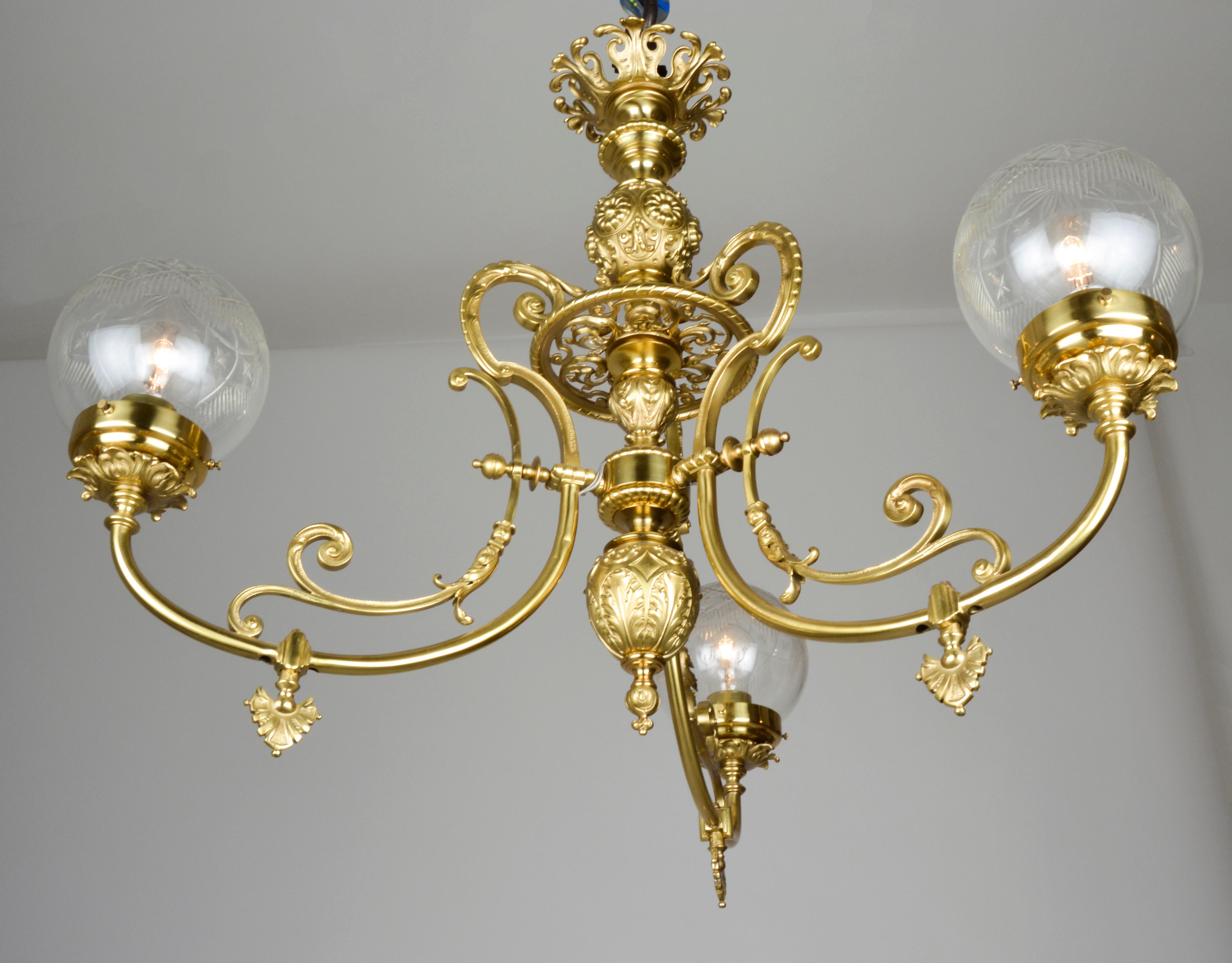 19th Century 3-Arm Electrified Gas Light Chandelier of Elaborately Cast Brass For Sale 4