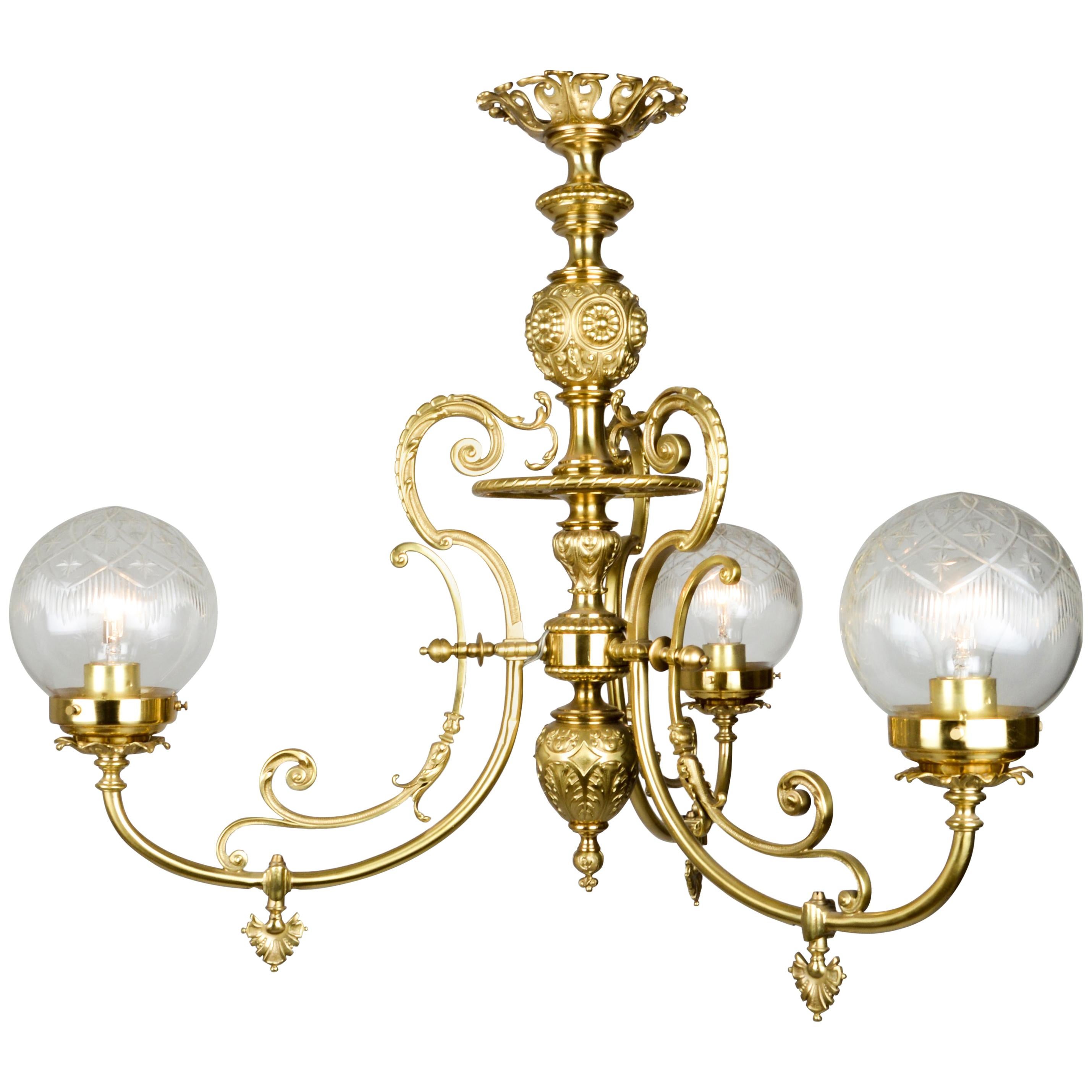 19th Century 3-Arm Electrified Gas Light Chandelier of Elaborately Cast Brass For Sale