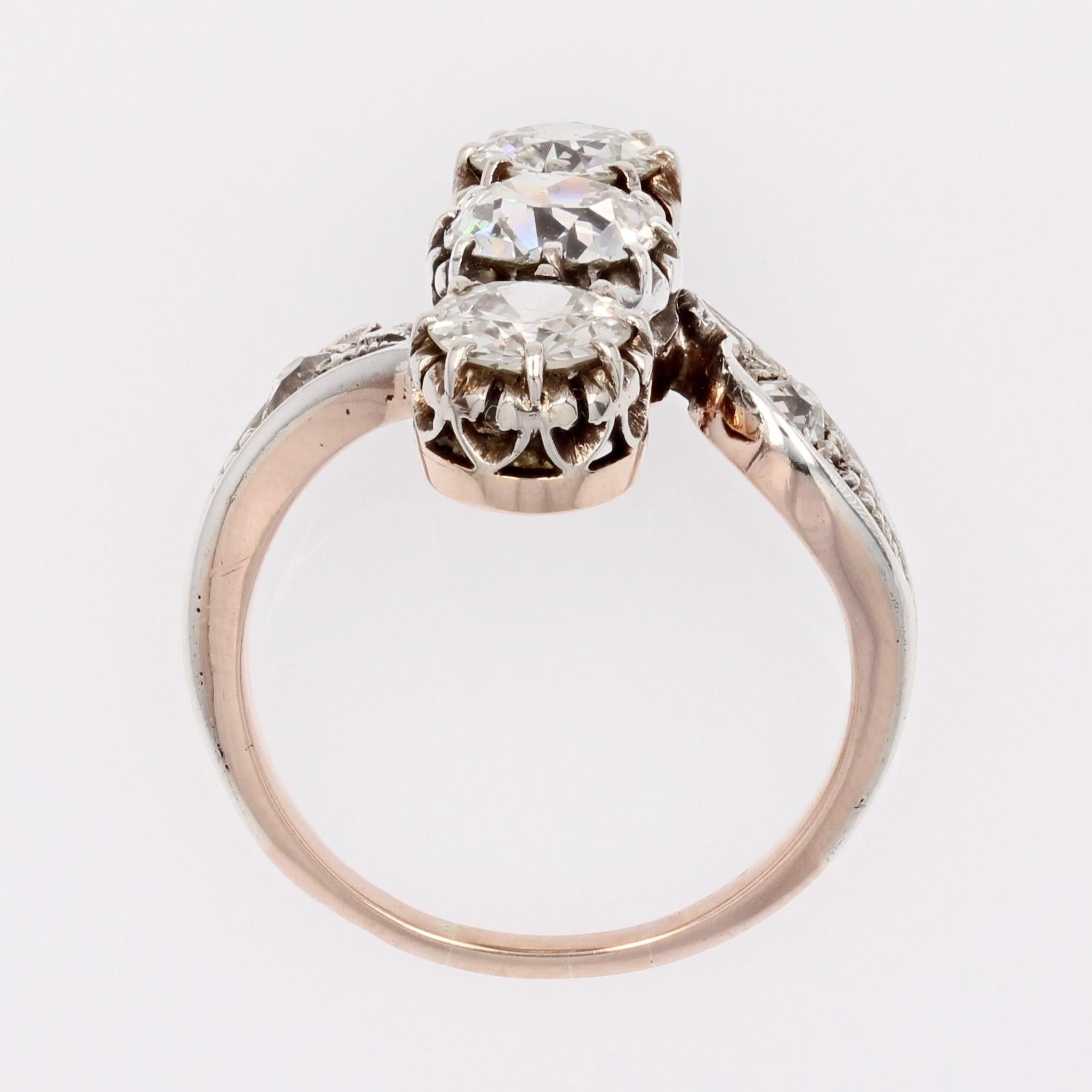 19th Century 3 Diamonds 18 Karat Rose Gold Silver Ring For Sale 8