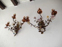19th Century 3-Light Italian Tole and Porcelain Roses Polychrome Sconces