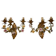 19th Century 3-Light Italian Tole and Porcelain Roses Polychrome Sconces