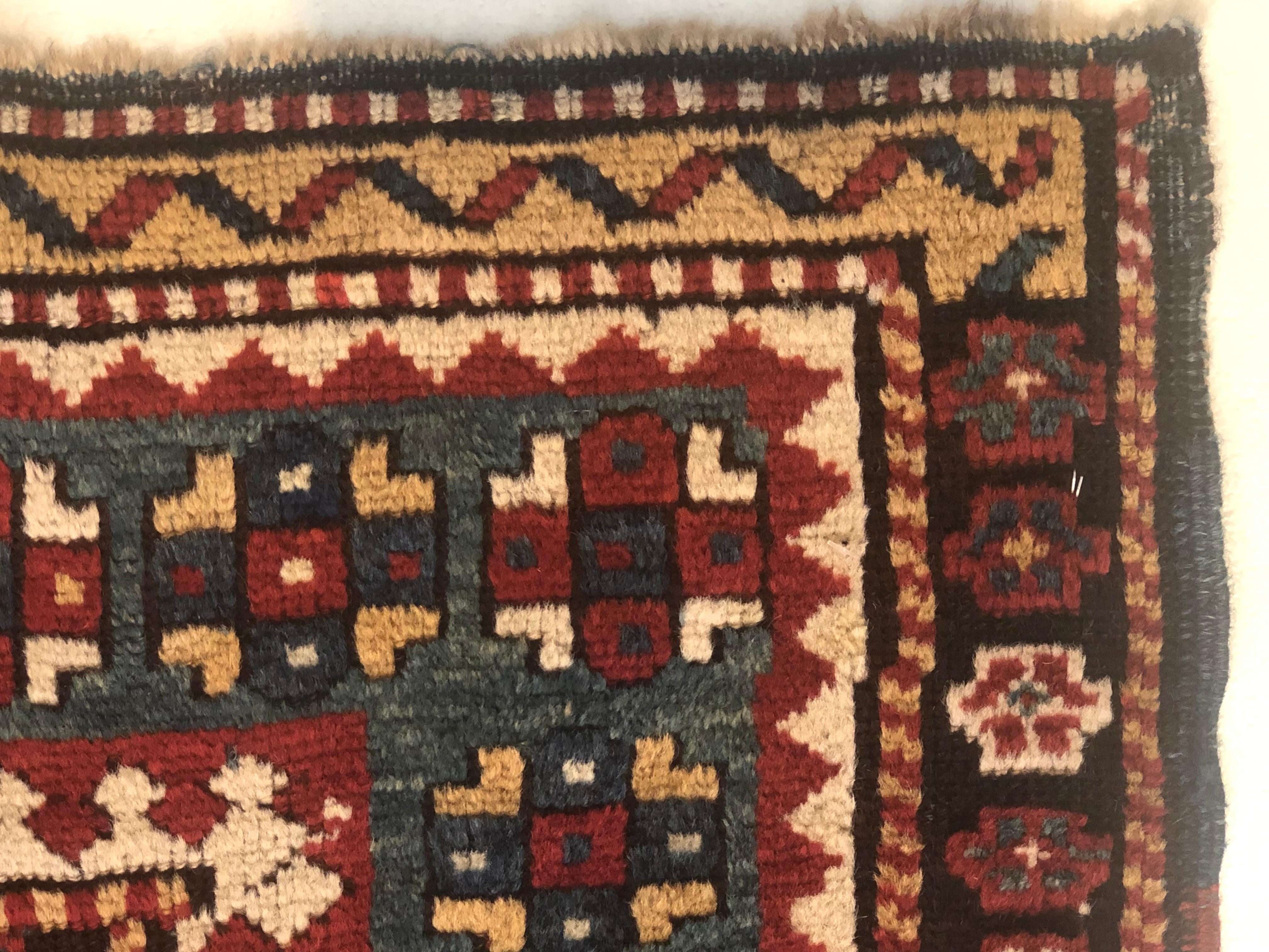 Hand-Knotted 19th Century 3 Medaillion Kasak Borjalou Red and MultiBorder Rug, ca 1870 For Sale
