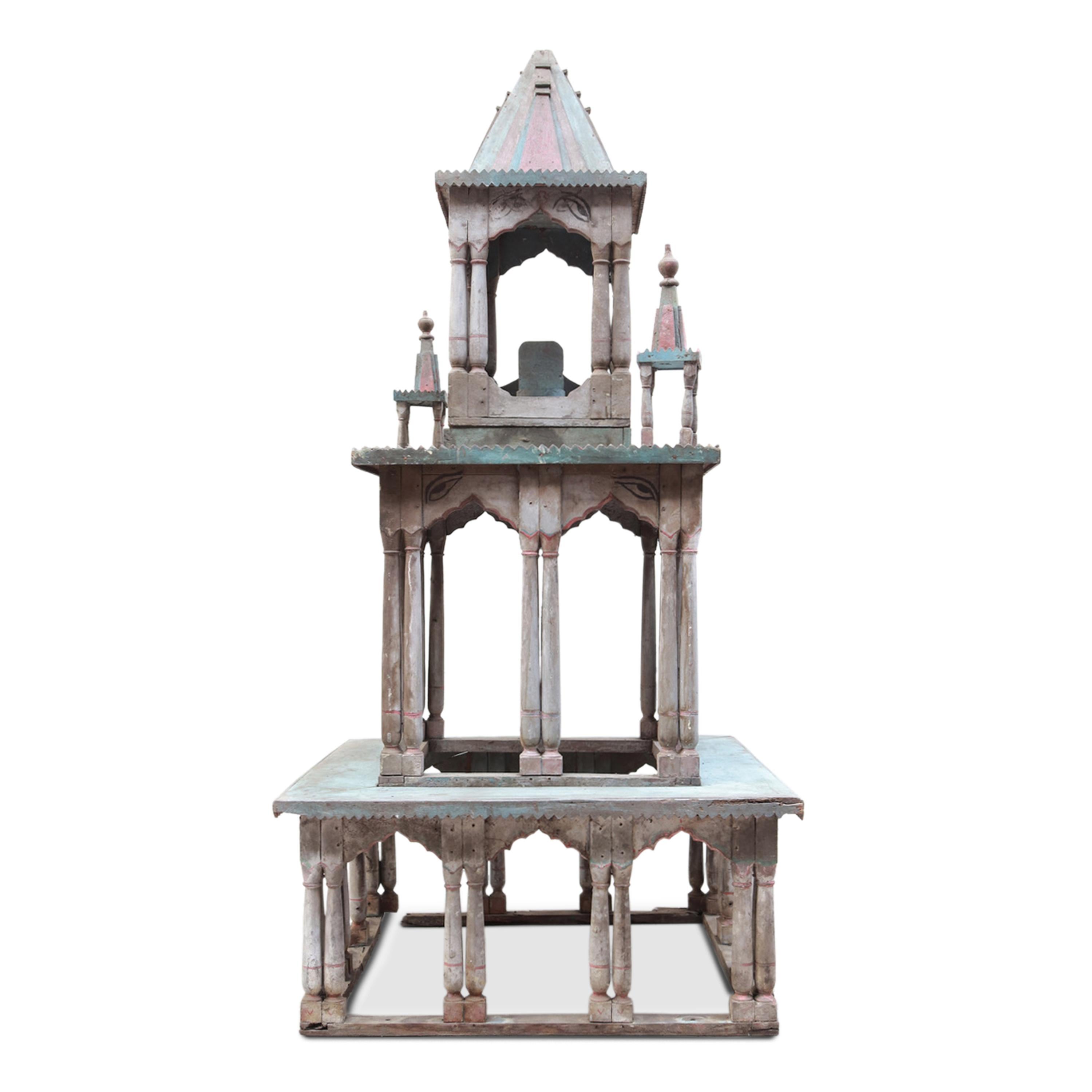 An early 19th-century 3-Tier Indian shrine/altar, featuring its original painted surface and an extremely charming patina earned over time. This shrine offers a glimpse into the rich cultural and religious traditions of India, used in processions