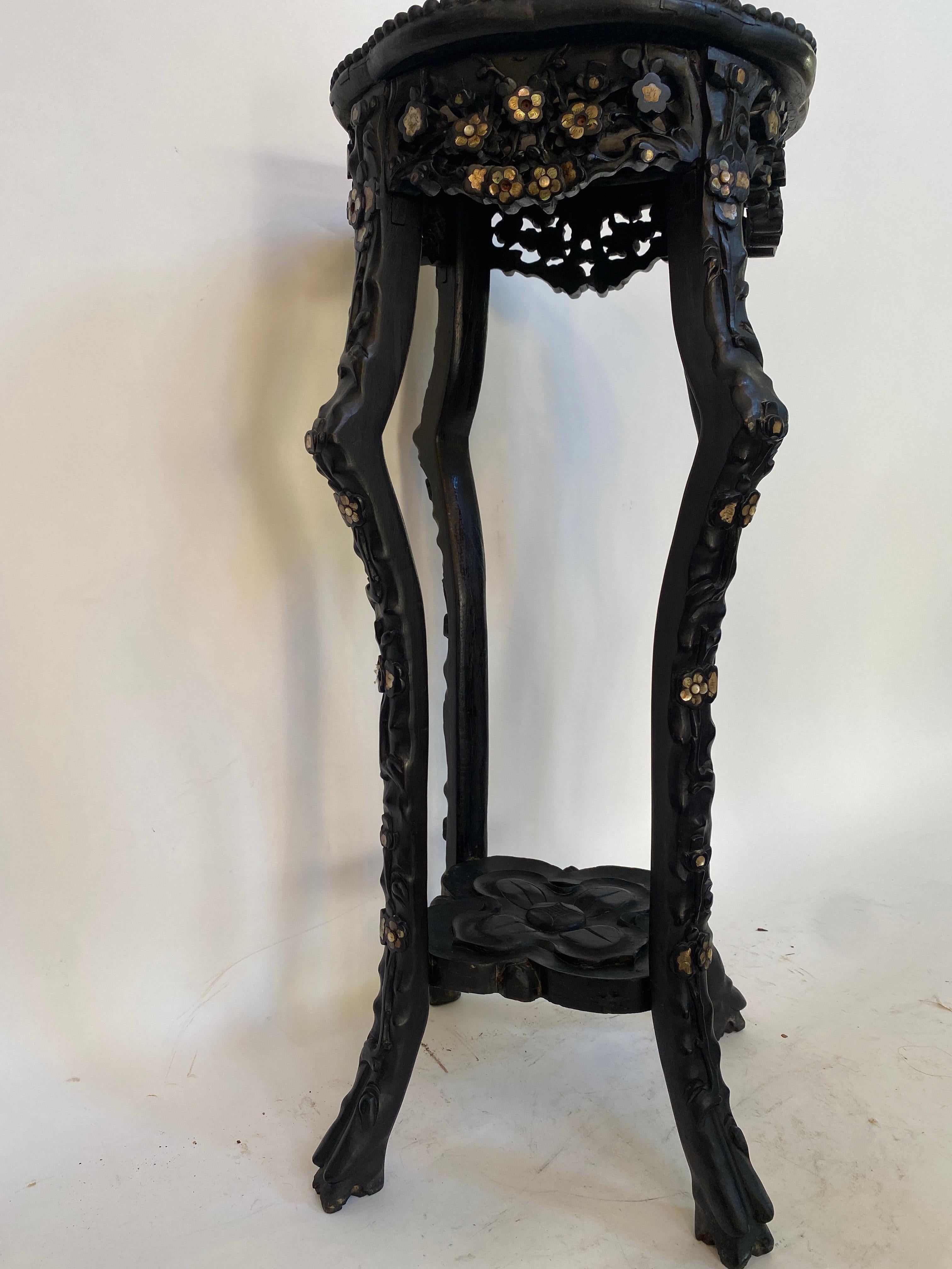 19th Century Chinese Carved Hardwood Flower Stands Marble-Top Insert For Sale 5