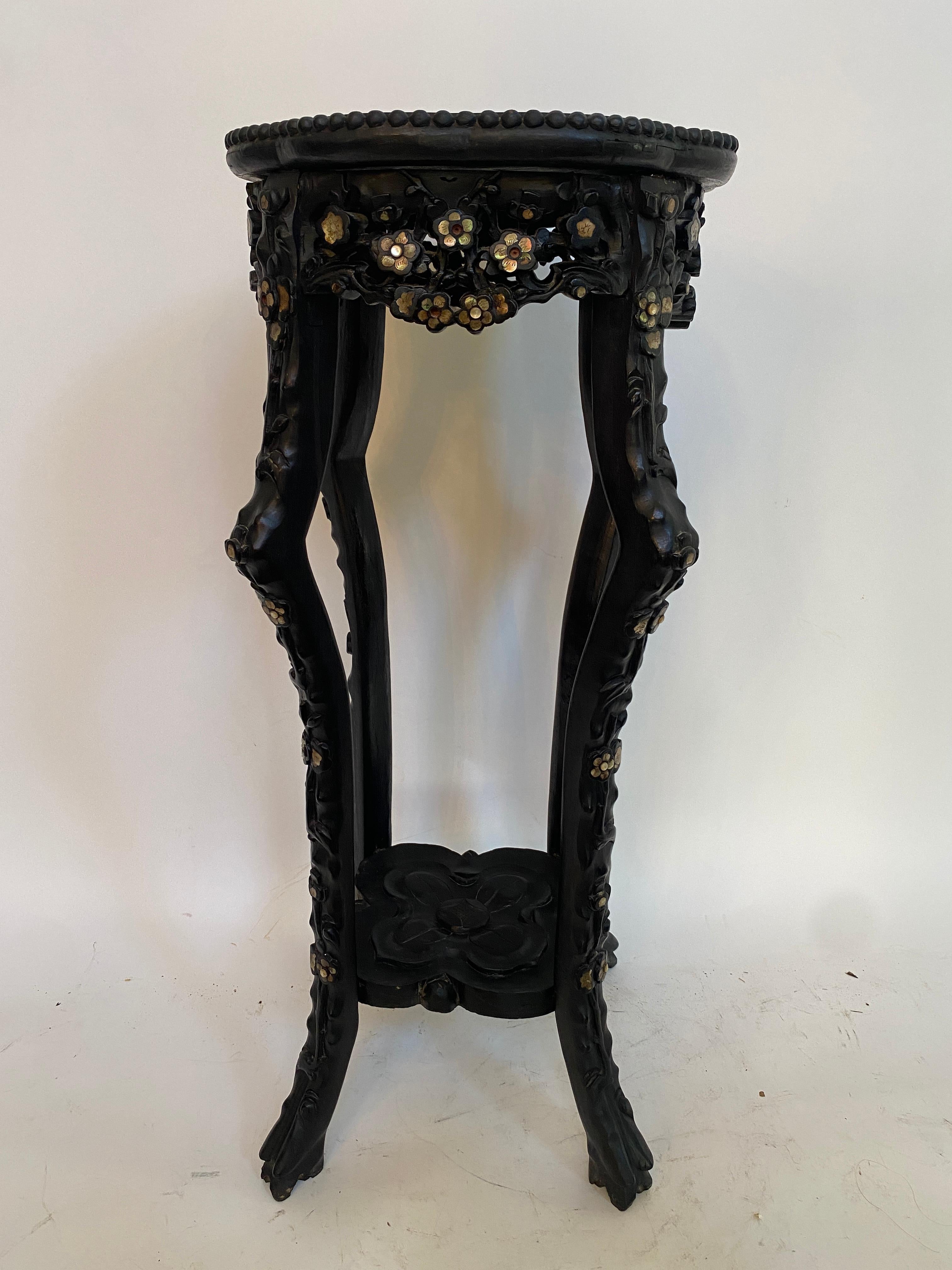 19th Century Chinese Carved Hardwood Flower Stands Marble-Top Insert For Sale 9