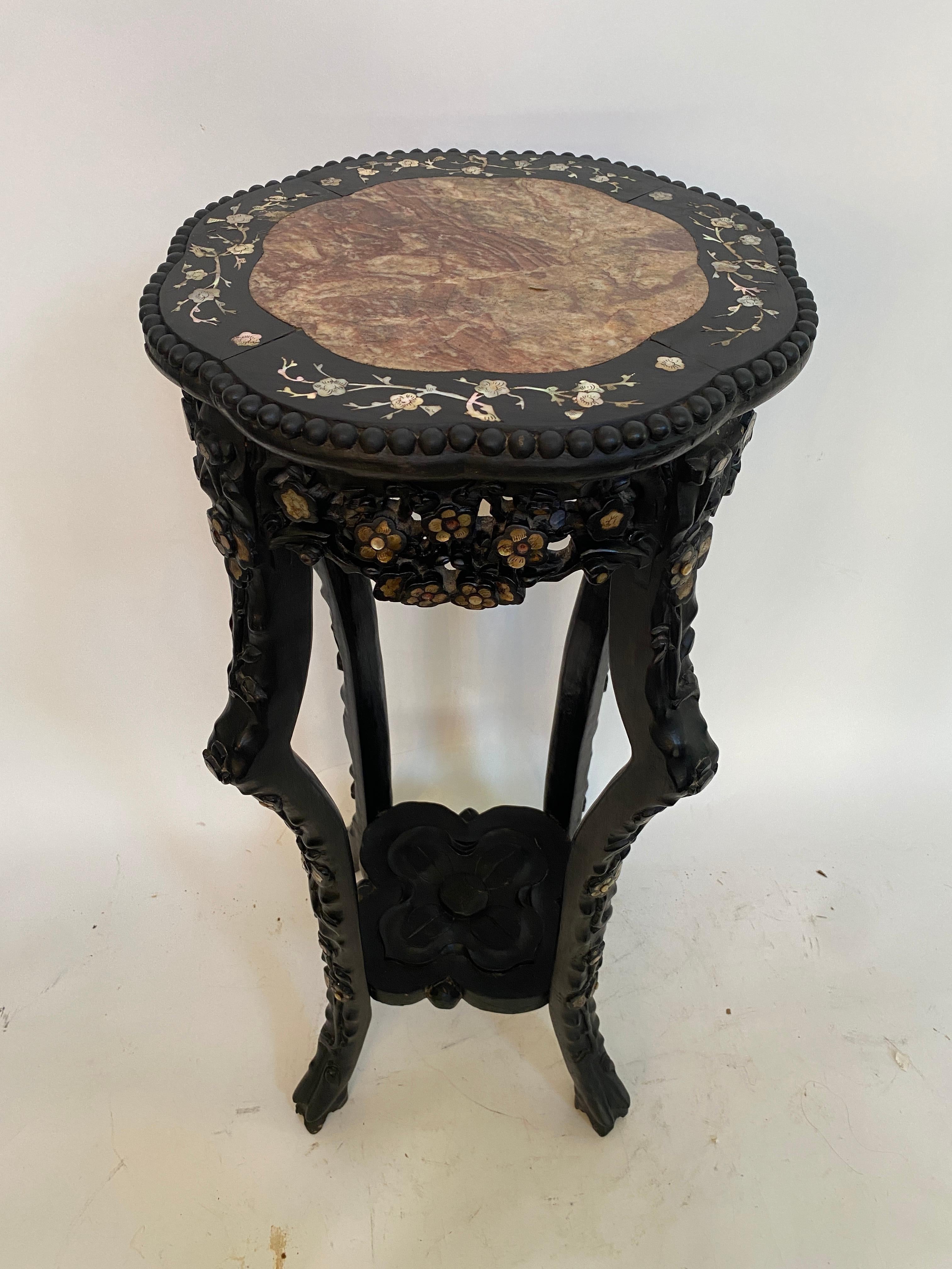 19th Century Chinese Carved Hardwood Flower Stands Marble-Top Insert For Sale 10