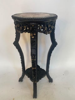 19th Century Chinese Carved Hardwood Flower Stands Marble-Top Insert