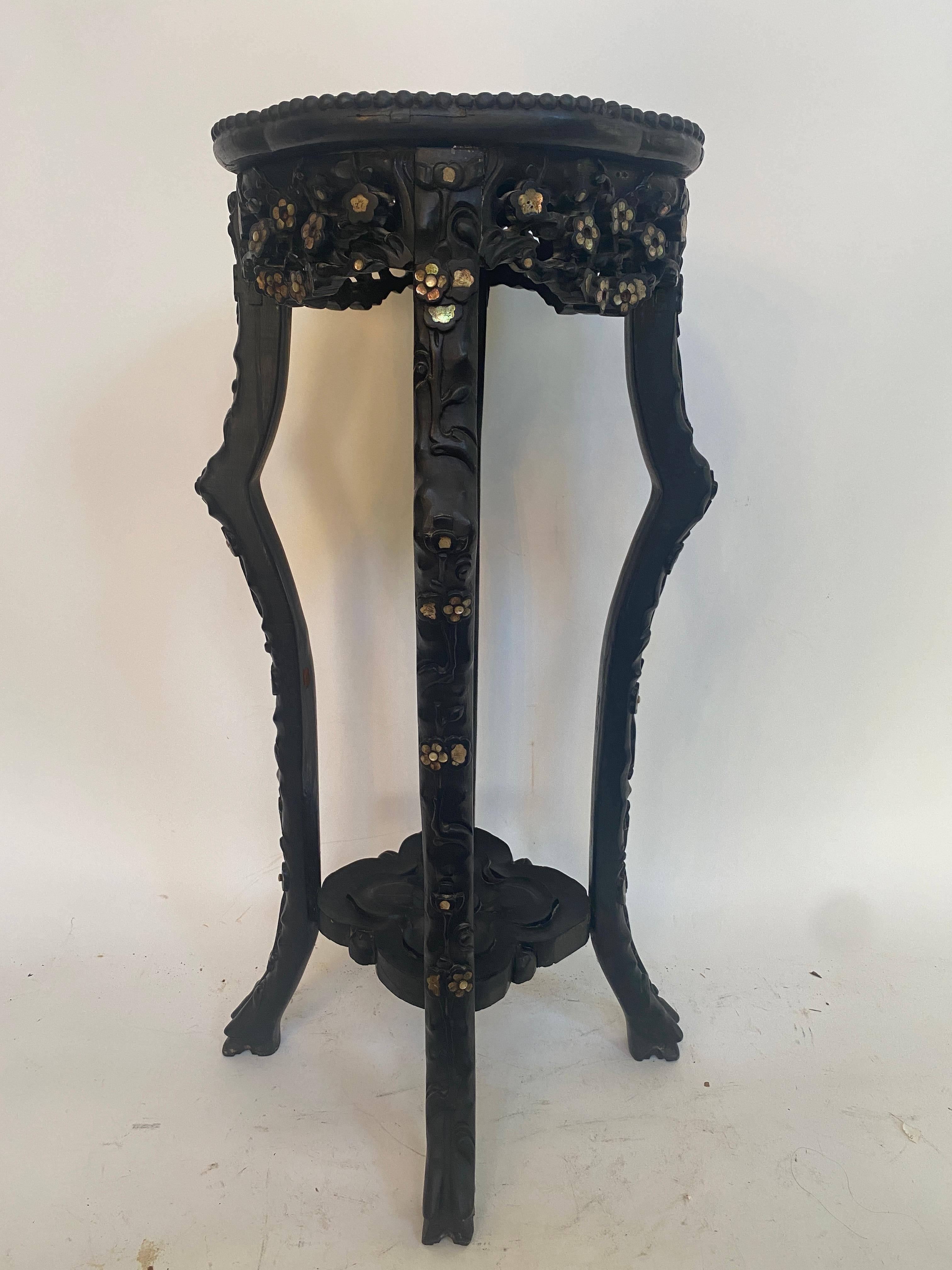 Hand-Carved 19th Century Chinese Carved Hardwood Flower Stands Marble-Top Insert For Sale