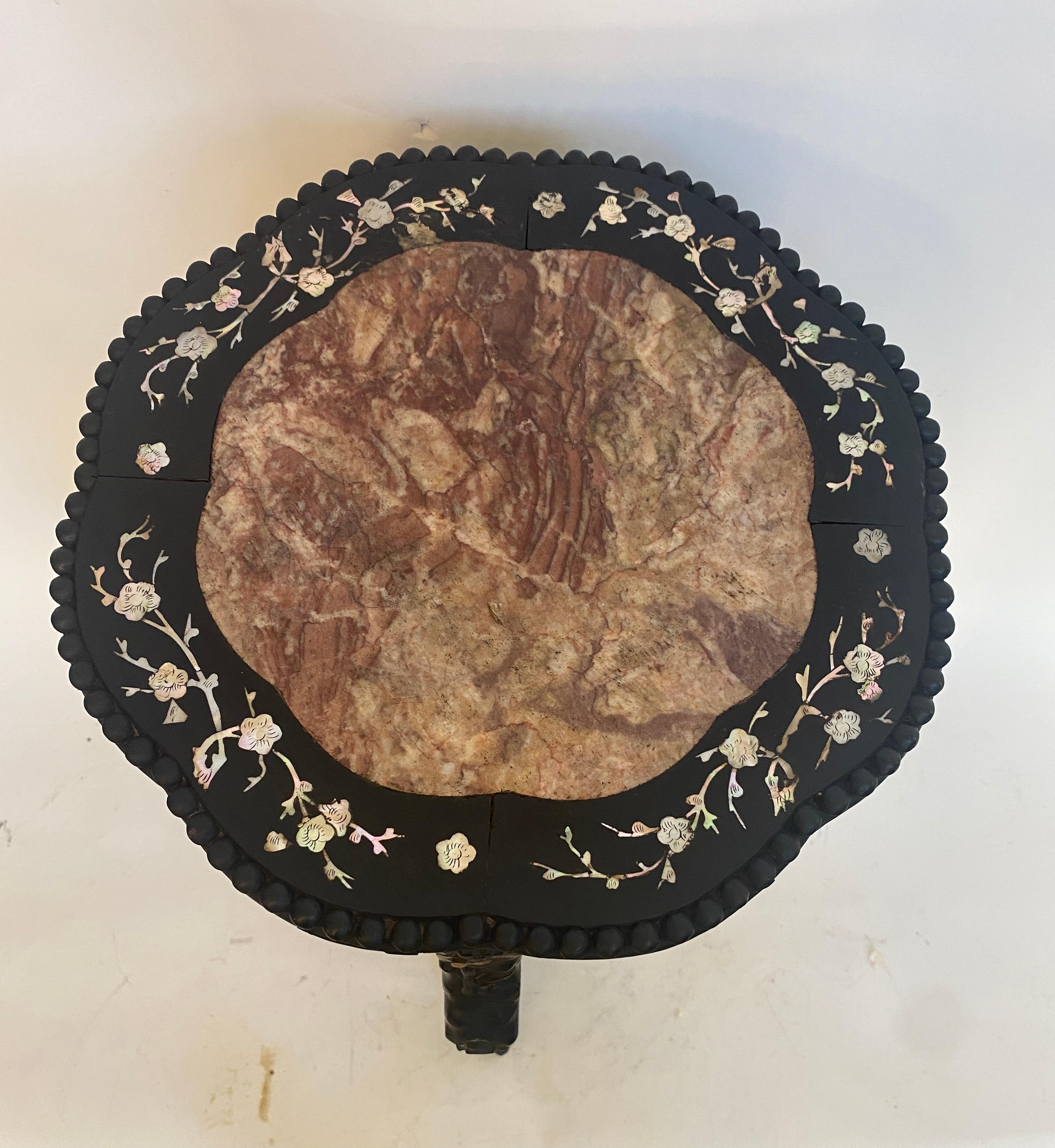 19th Century Chinese Carved Hardwood Flower Stands Marble-Top Insert In Good Condition For Sale In Brea, CA