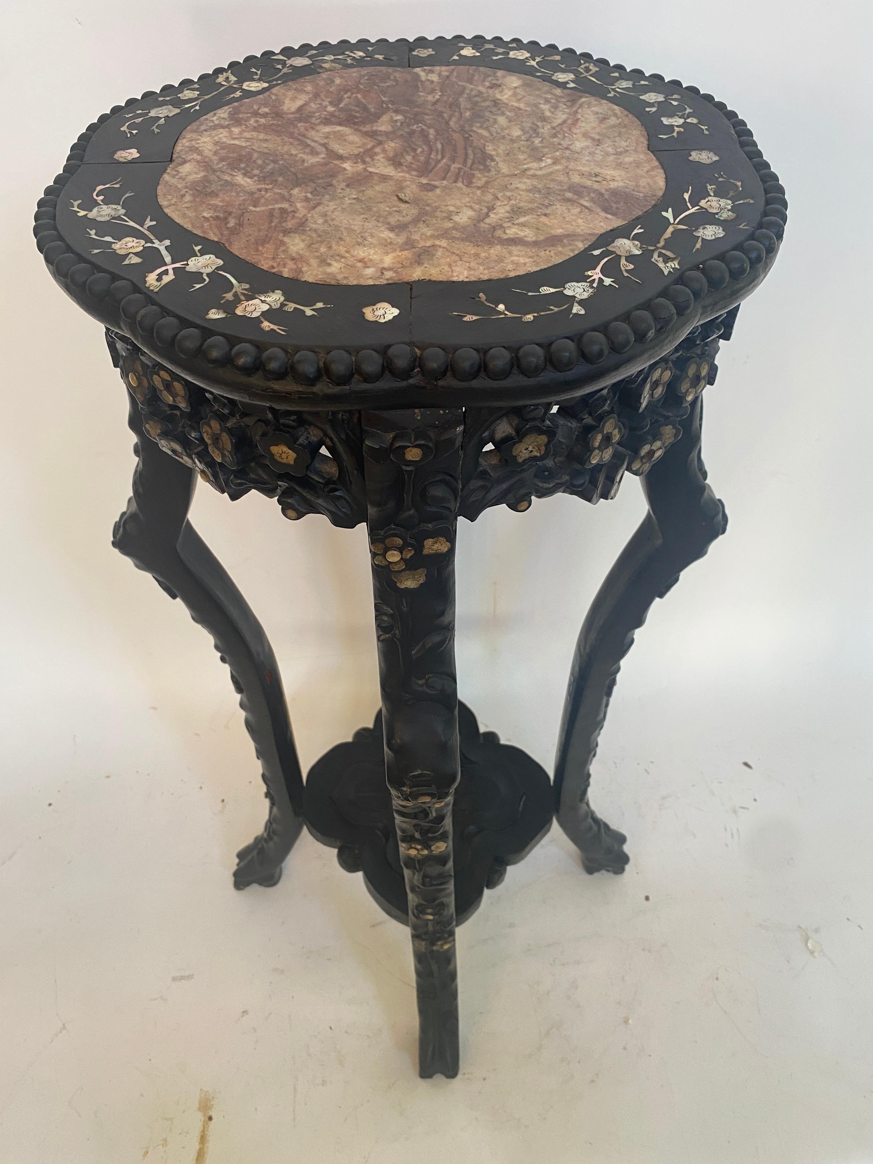 19th Century Chinese Carved Hardwood Flower Stands Marble-Top Insert For Sale 1