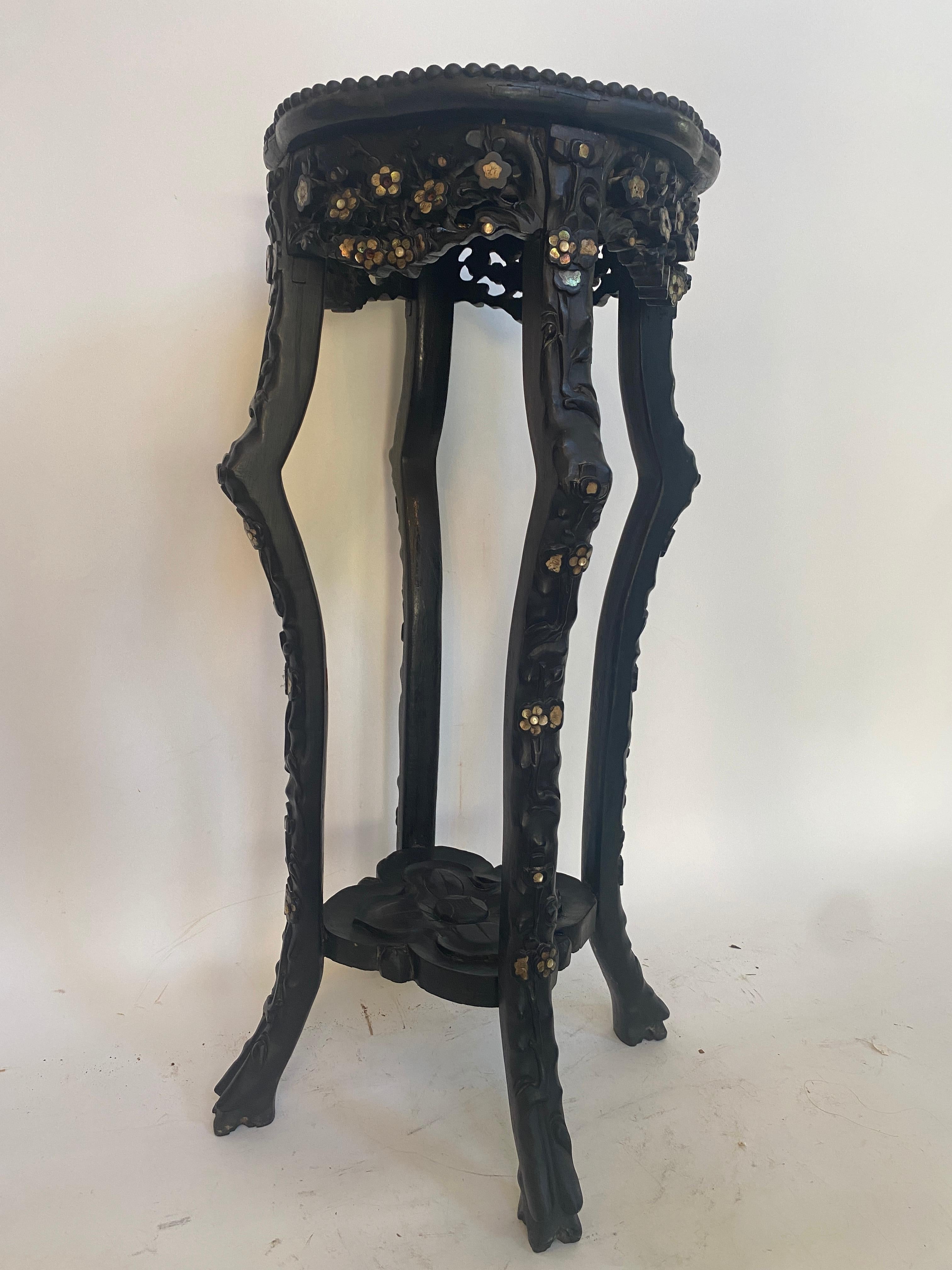 19th Century Chinese Carved Hardwood Flower Stands Marble-Top Insert For Sale 2