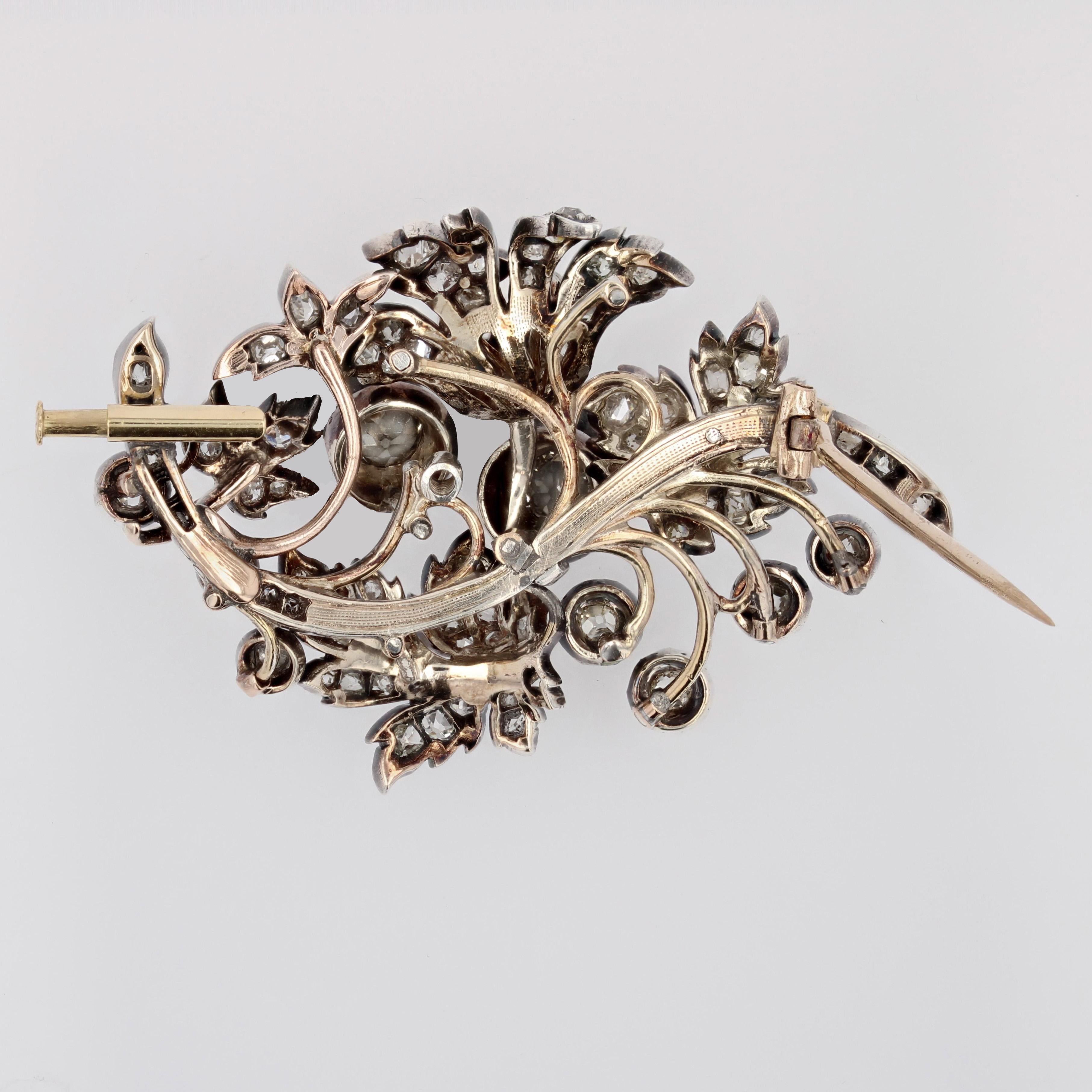 19th Century 3, 90 Carats Diamonds Bouquet Silver 18 Karat Yellow Gold Brooch For Sale 6