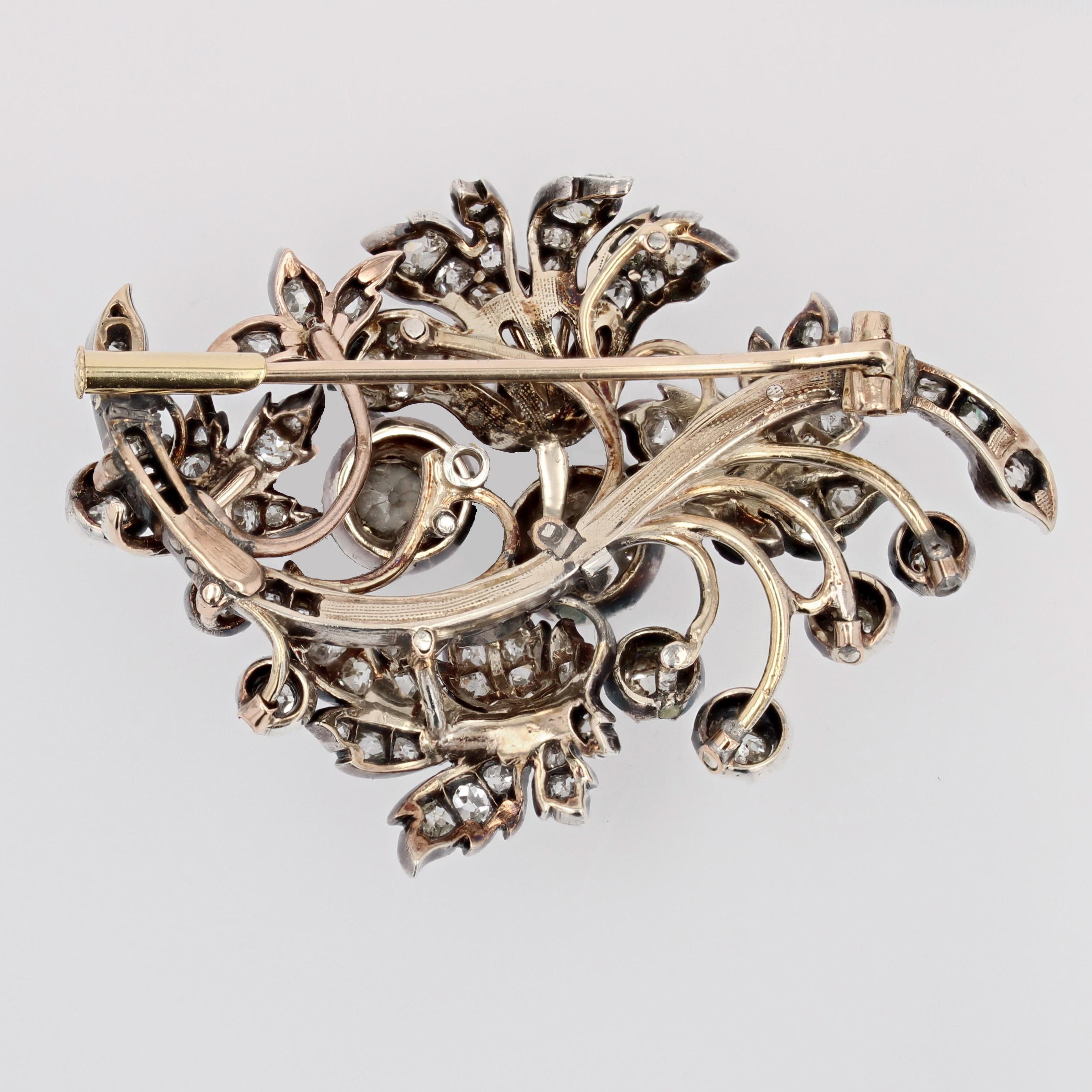 19th Century 3, 90 Carats Diamonds Bouquet Silver 18 Karat Yellow Gold Brooch For Sale 8