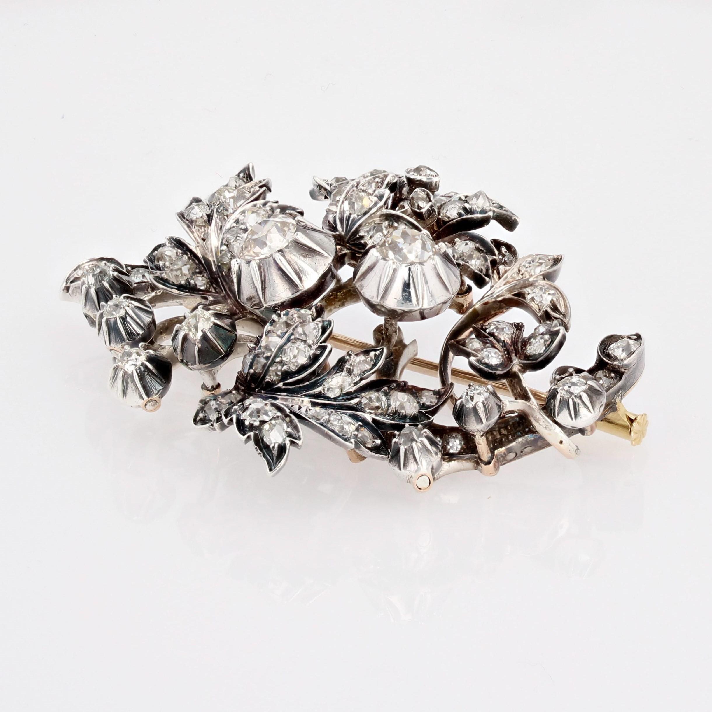 19. Jahrhundert 3, 90 Karat Diamanten Bouquet Silber 18 Karat Gelbgold Brosche Damen im Angebot