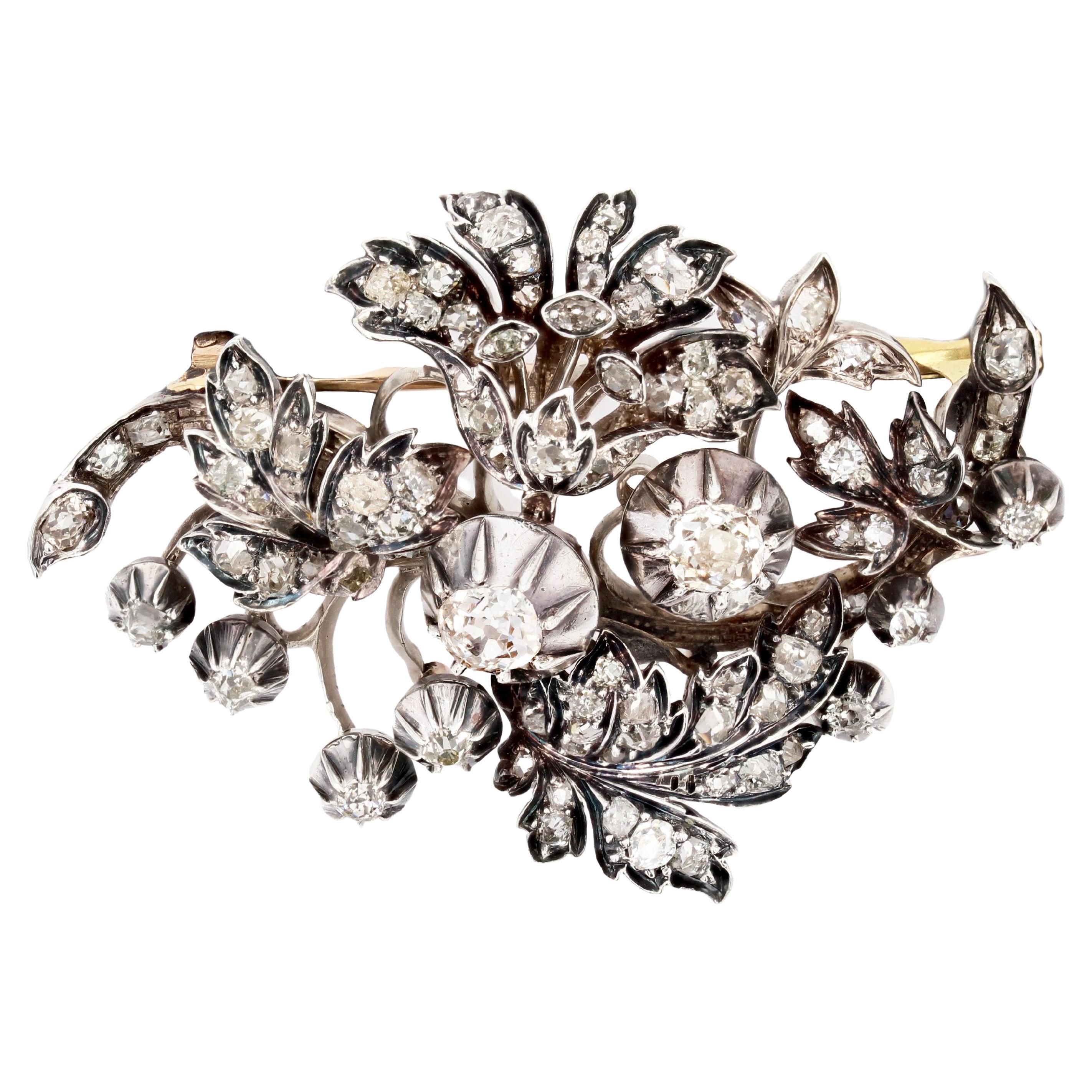 19th Century 3, 90 Carats Diamonds Bouquet Silver 18 Karat Yellow Gold Brooch For Sale