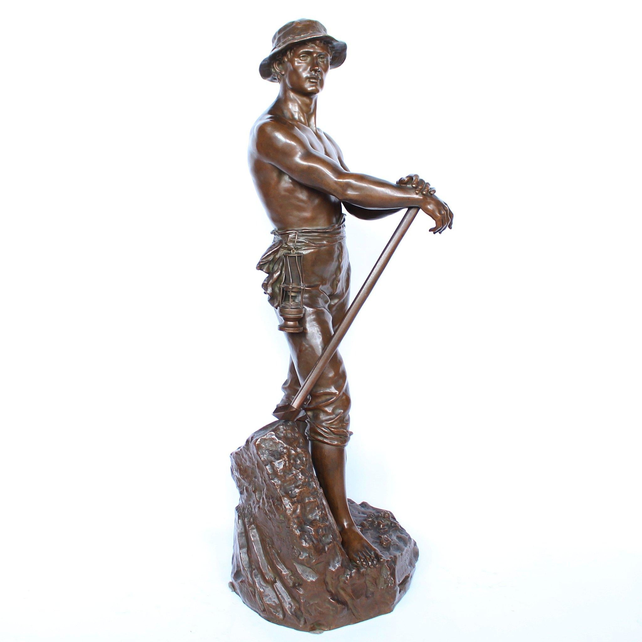 Polished 19th Century Bronze Sculpture of a Bare Chested Miner, French, circa 1890