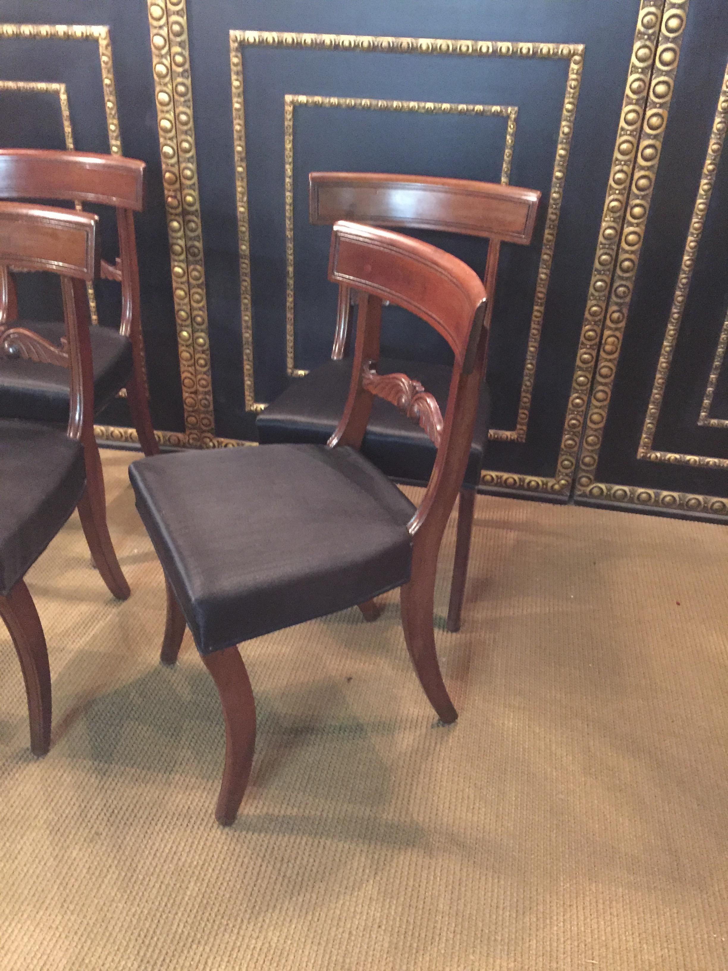 19th Century antique 4 Biedermeier Saber Legs Chairs Solid Mahogany For Sale 1