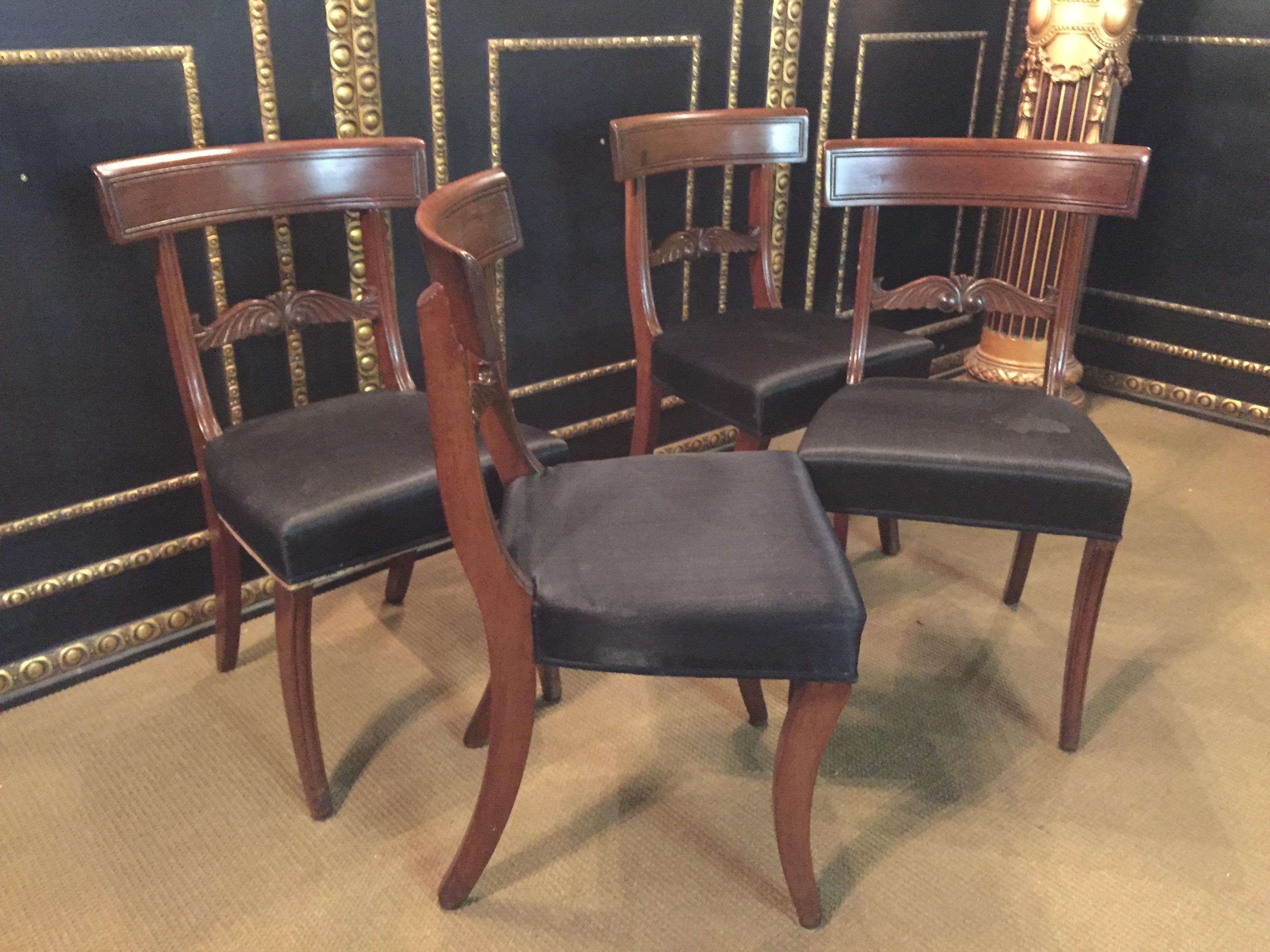 19th Century antique 4 Biedermeier Saber Legs Chairs Solid Mahogany For Sale 3