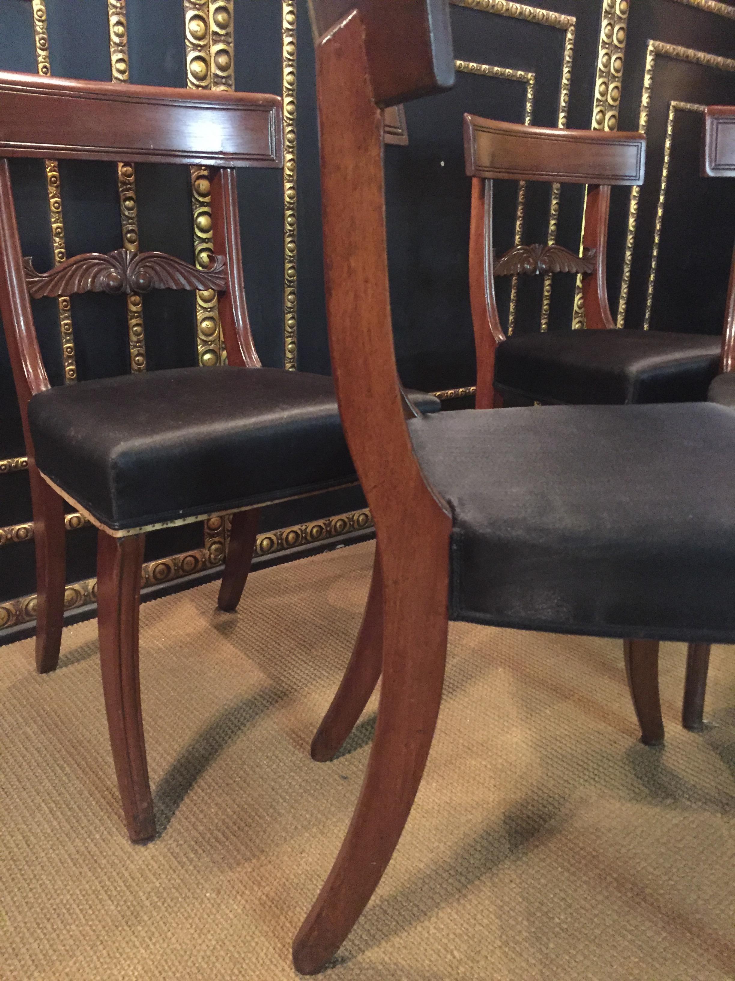 19th Century antique 4 Biedermeier Saber Legs Chairs Solid Mahogany For Sale 4
