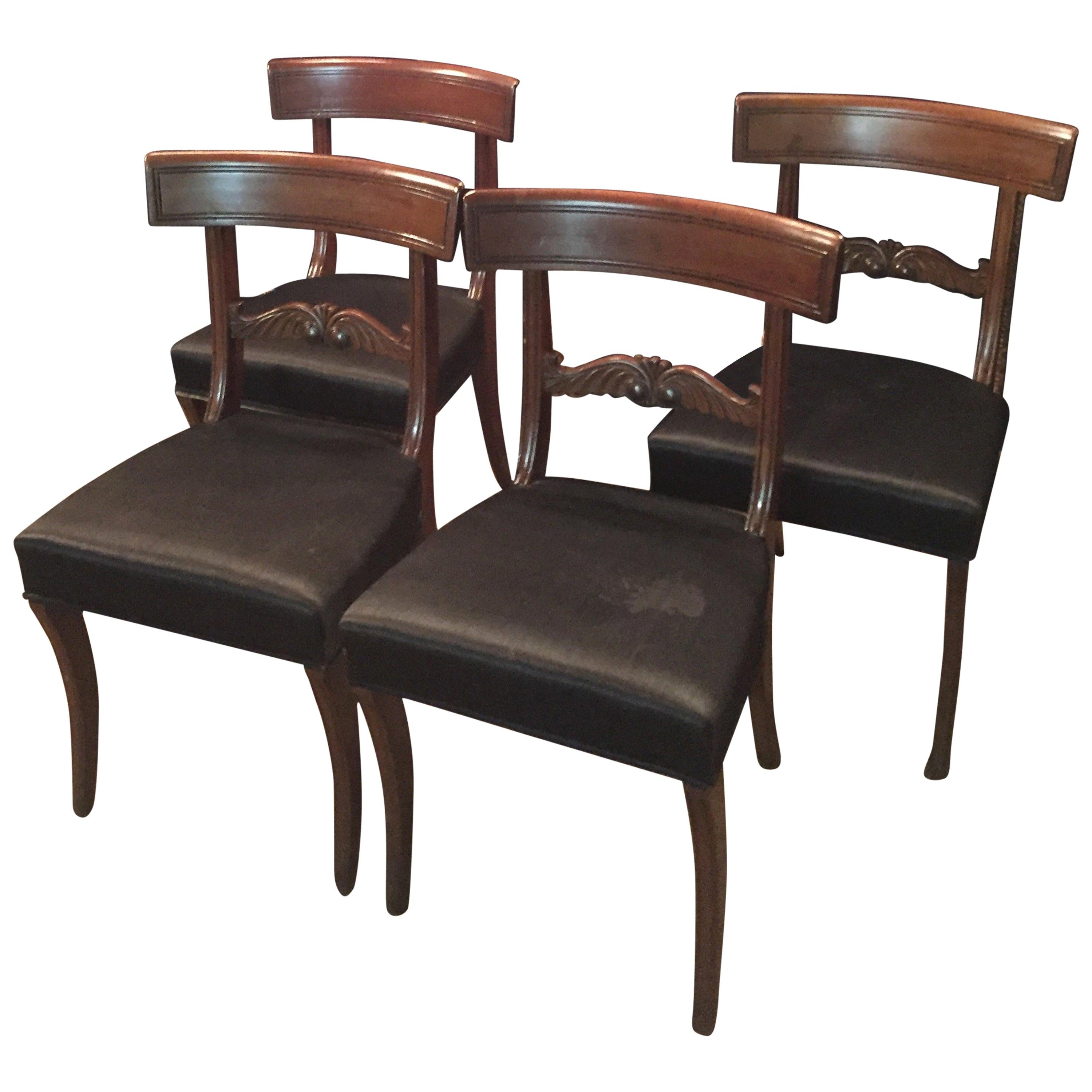 19th Century antique 4 Biedermeier Saber Legs Chairs Solid Mahogany For Sale