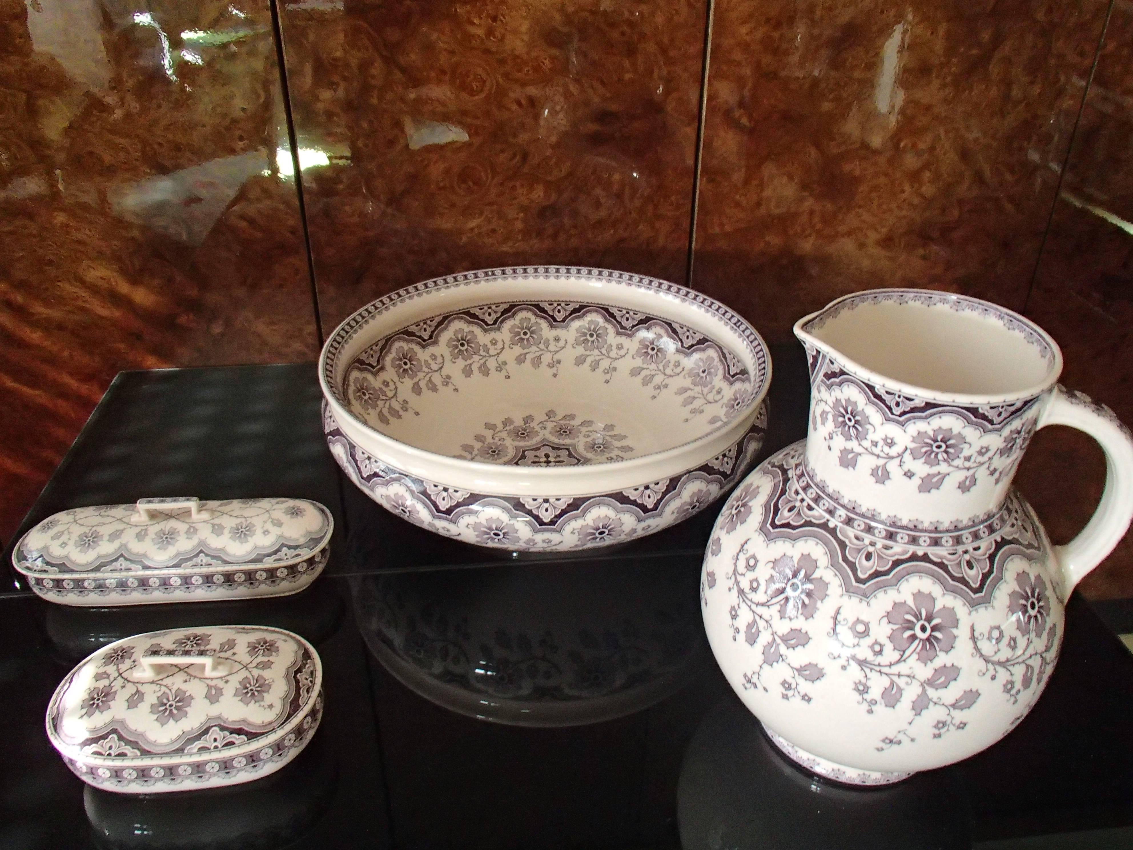 19th century four pieces pottery chamber set pale rose violet 