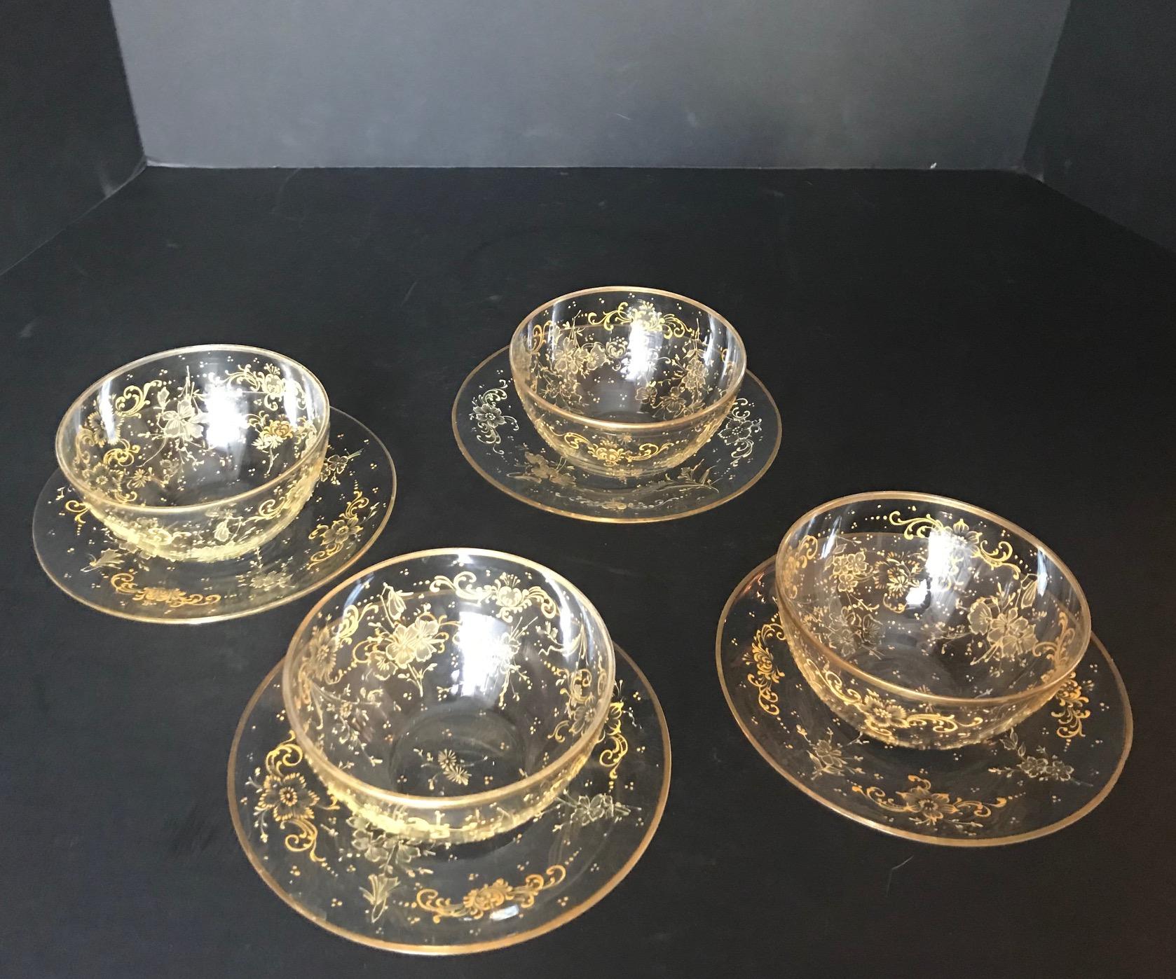 Austrian 19th Century 4-Set Lobmeyr Hand Painted Enameled Fruit Bowls and under Plates