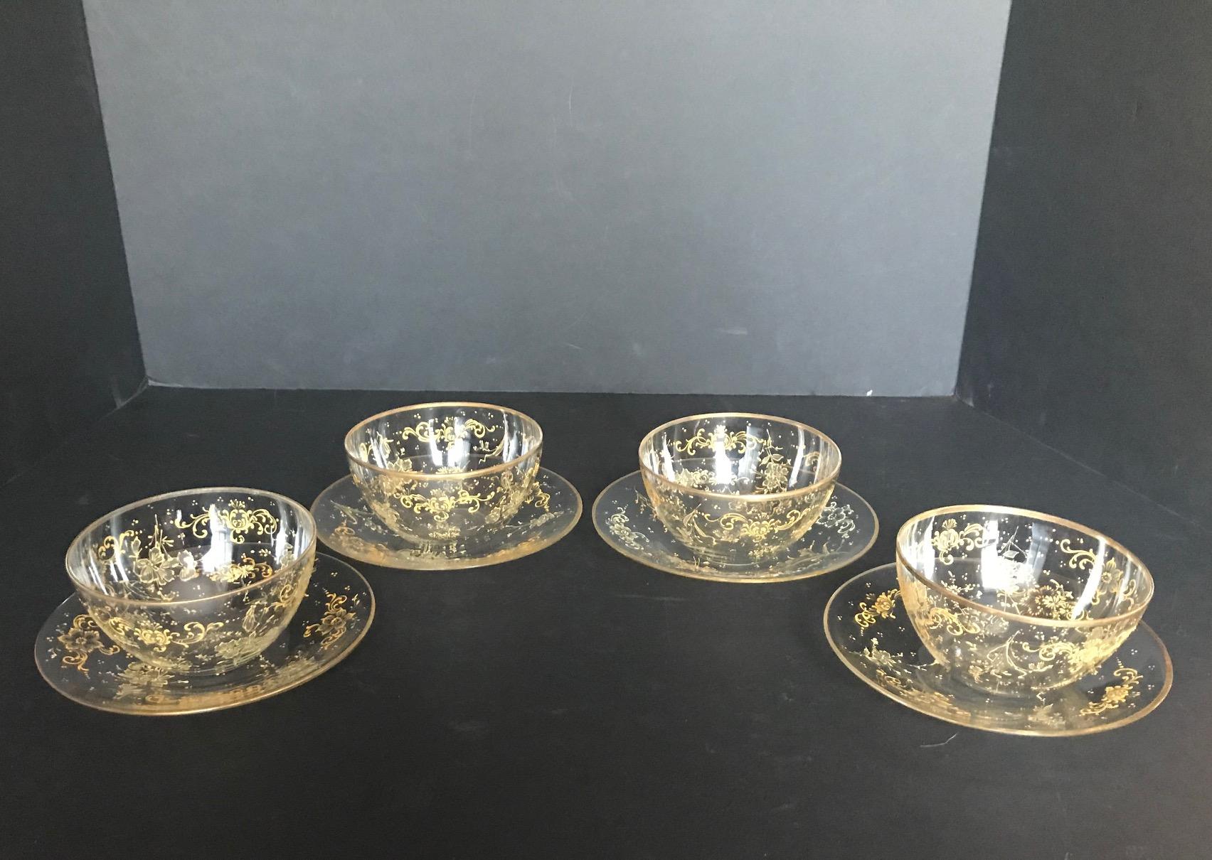 Hand-Painted 19th Century 4-Set Lobmeyr Hand Painted Enameled Fruit Bowls and under Plates