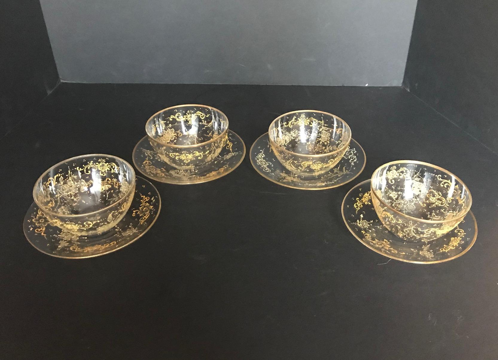 19th Century 4-Set Lobmeyr Hand Painted Enameled Fruit Bowls and under Plates In Excellent Condition In Vero Beach, FL