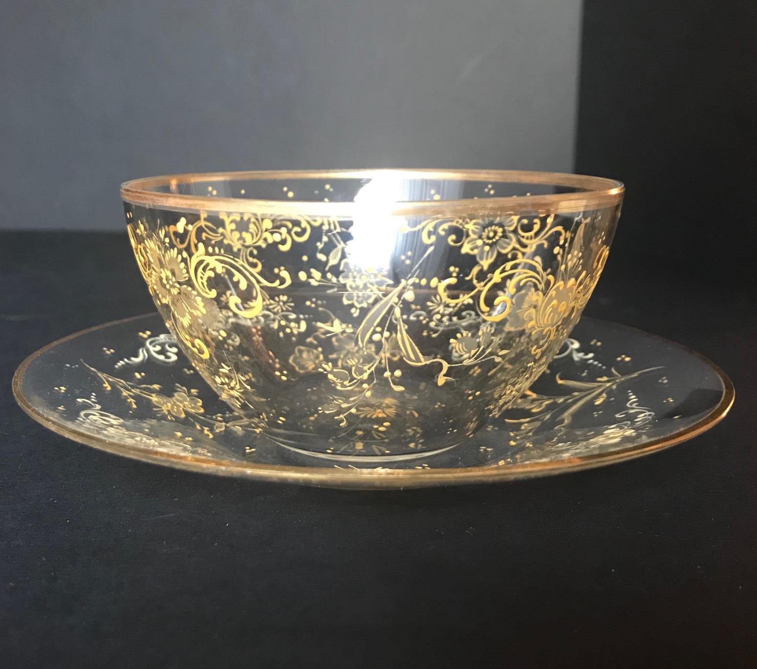 Art Glass 19th Century 4-Set Lobmeyr Hand Painted Enameled Fruit Bowls and under Plates