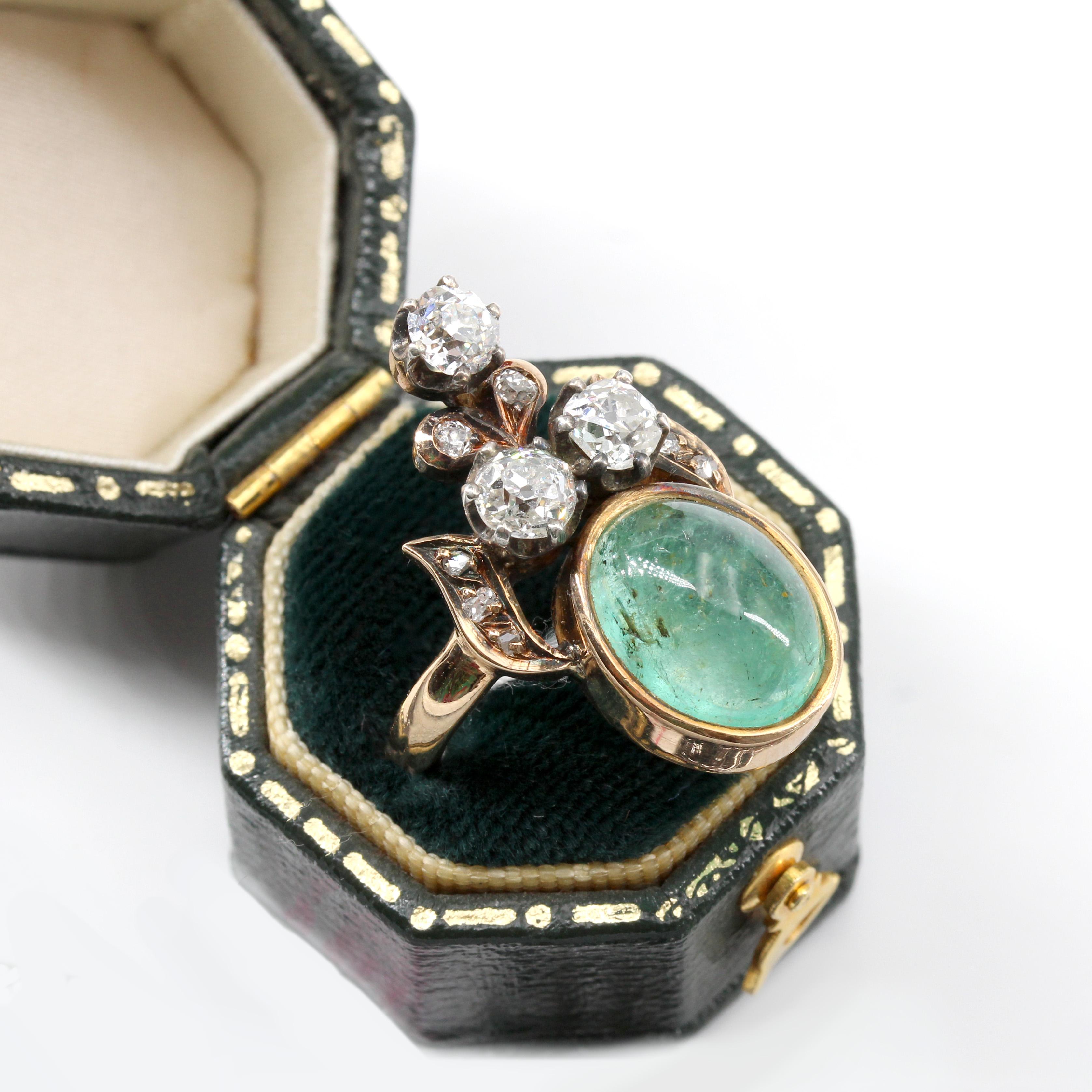 19th Century 4.50 Carat Cabochon Emerald Diamonds Duchess Ring For Sale 10