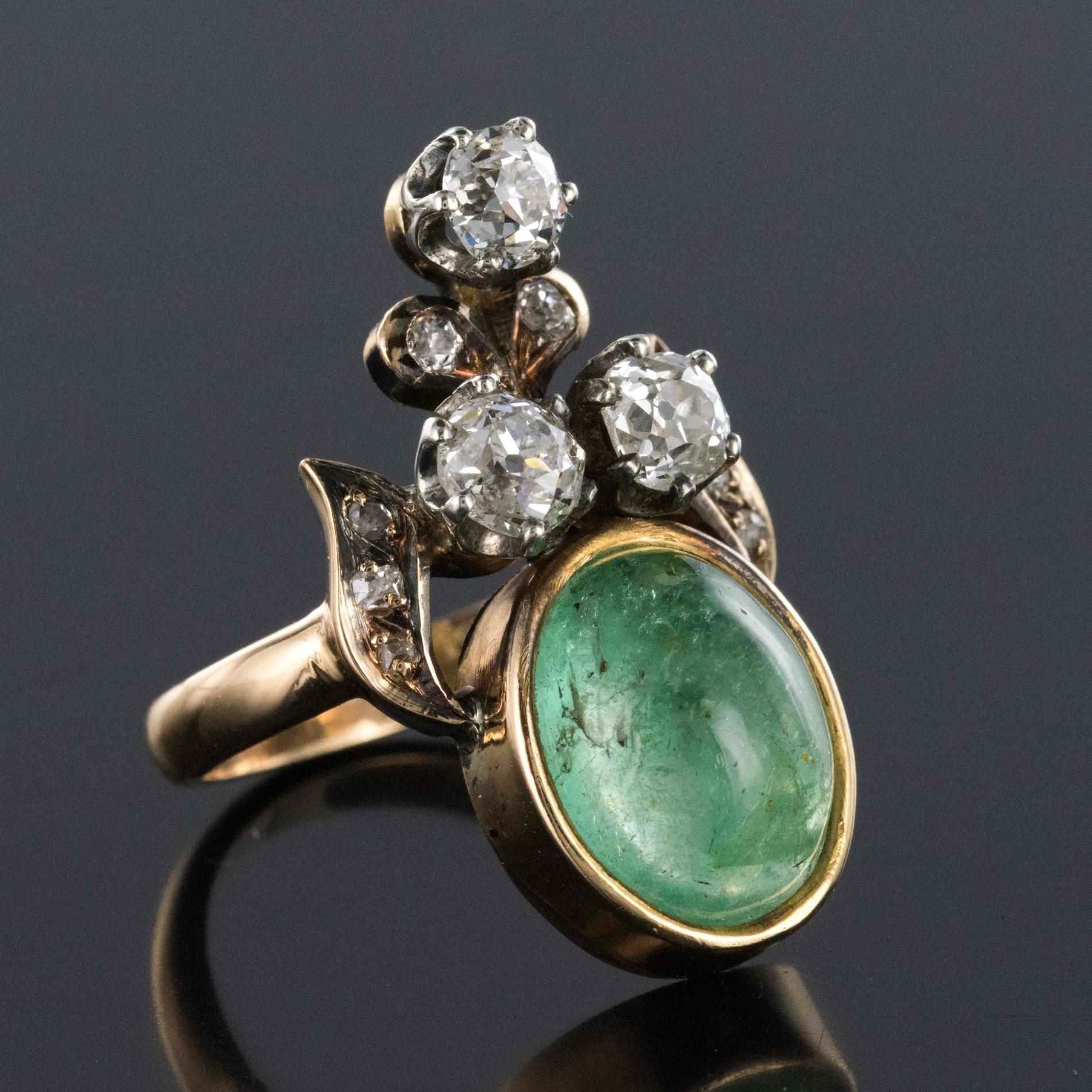 19th Century 4.50 Carat Cabochon Emerald Diamonds Duchess Ring For Sale 4
