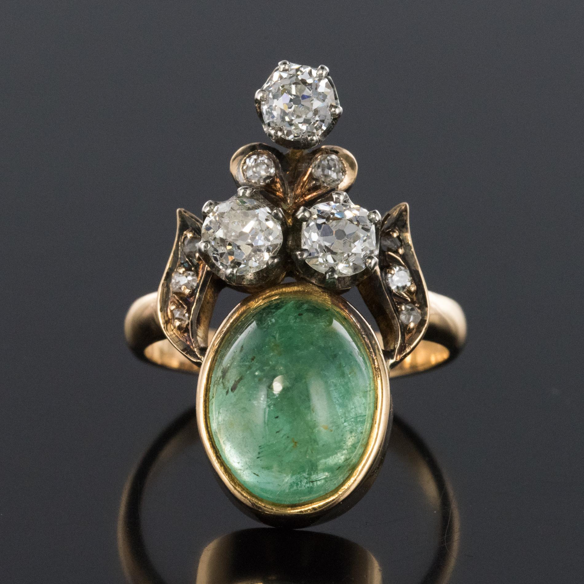 19th Century 4.50 Carat Cabochon Emerald Diamonds Duchess Ring For Sale 5