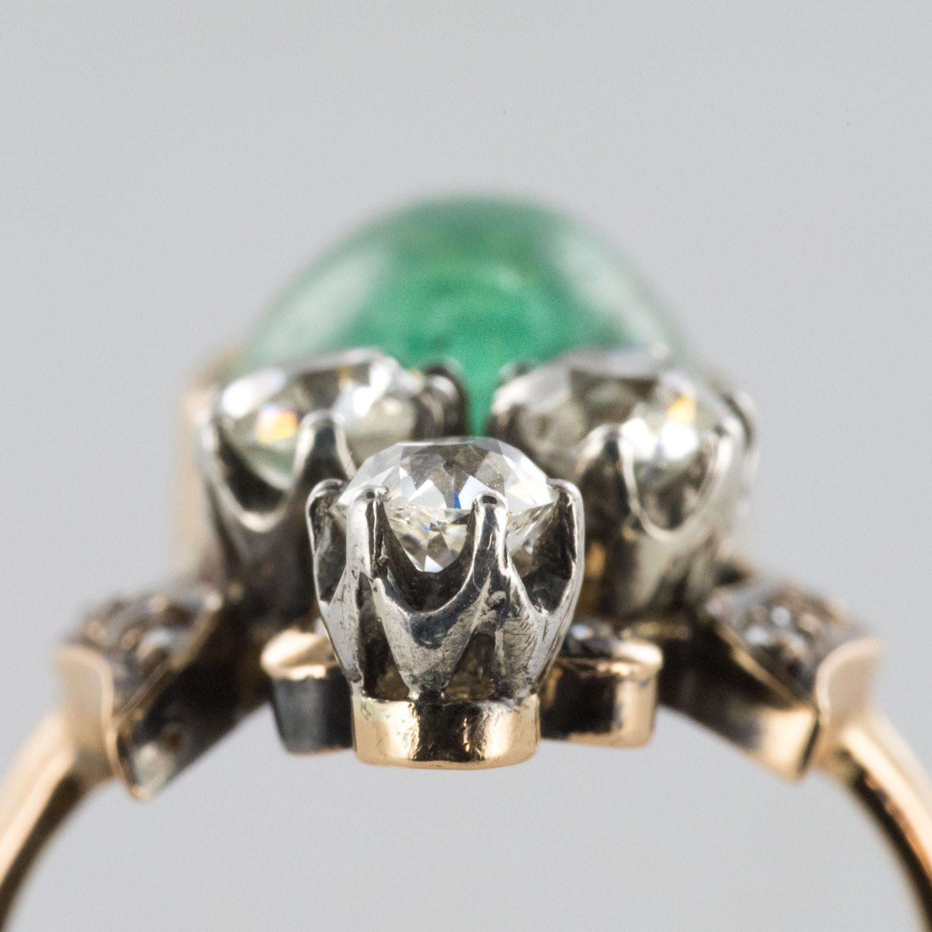 19th Century 4.50 Carat Cabochon Emerald Diamonds Duchess Ring For Sale 6