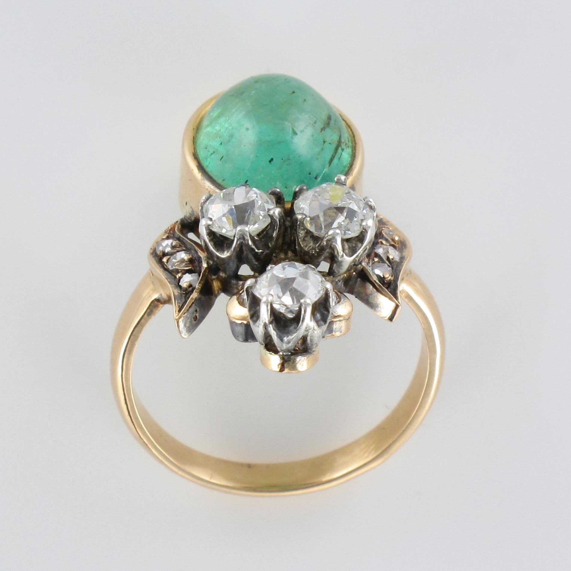19th Century 4.50 Carat Cabochon Emerald Diamonds Duchess Ring For Sale 8