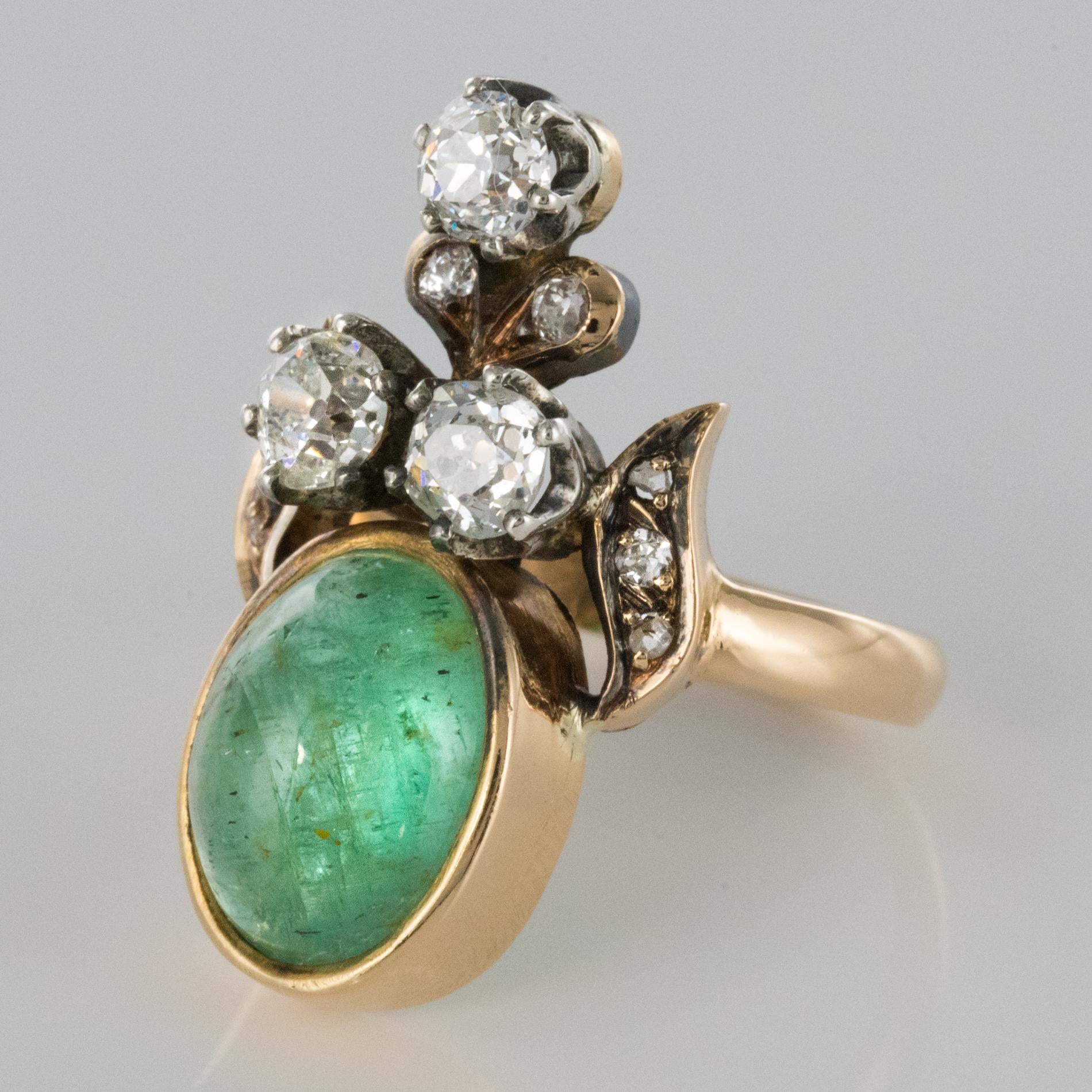 Napoleon III 19th Century 4.50 Carat Cabochon Emerald Diamonds Duchess Ring For Sale