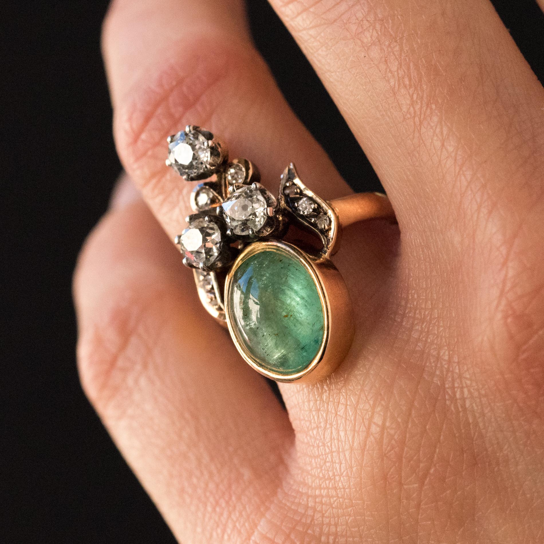 Oval Cut 19th Century 4.50 Carat Cabochon Emerald Diamonds Duchess Ring For Sale