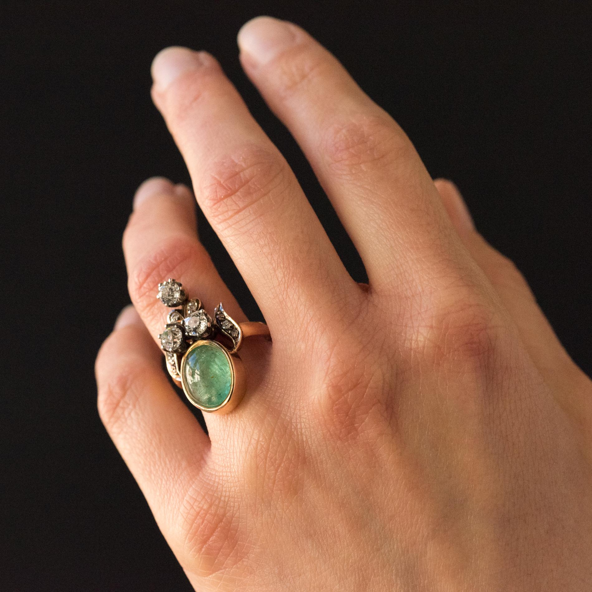 19th Century 4.50 Carat Cabochon Emerald Diamonds Duchess Ring For Sale 1