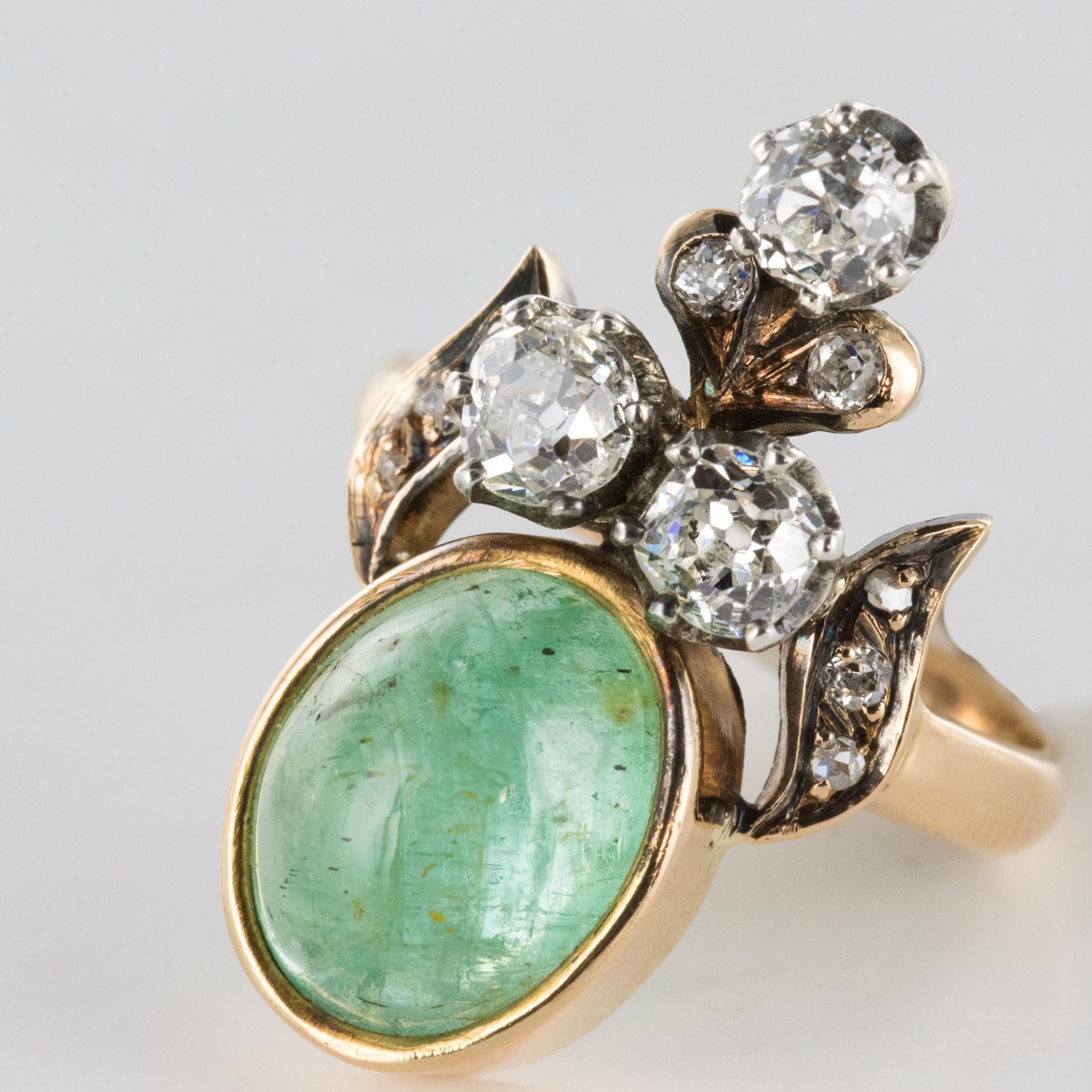19th Century 4.50 Carat Cabochon Emerald Diamonds Duchess Ring For Sale 2