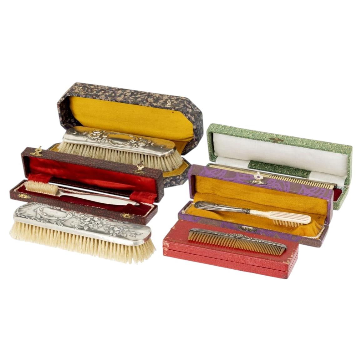 19th Century - 5 Cases with Silver Brushes