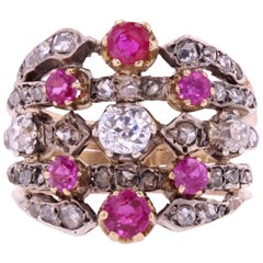 19th Century 5 Rings Ruby Diamonds 18 Karat Yellow Gold Ring