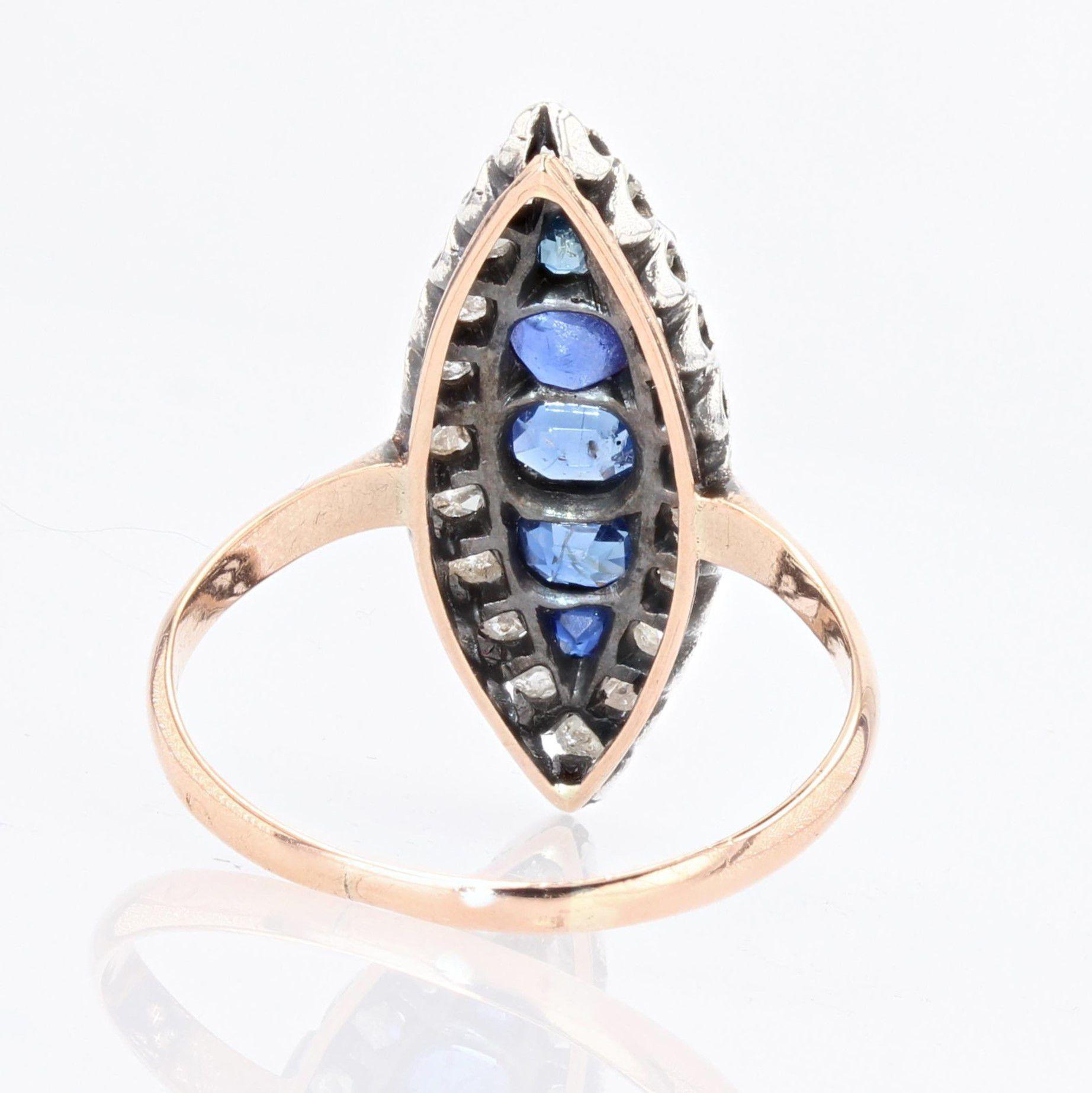 Bague marquise en or jaune 18 carats avec 5 saphirs et diamants, XIXe siècle en vente 1