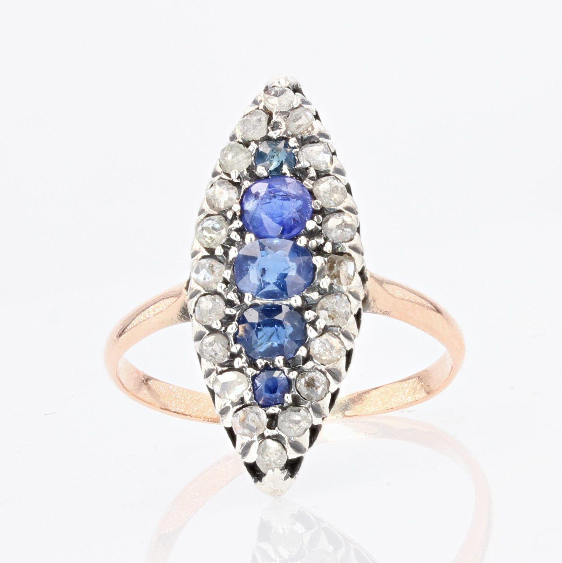 Bague marquise en or jaune 18 carats avec 5 saphirs et diamants, XIXe siècle en vente 2