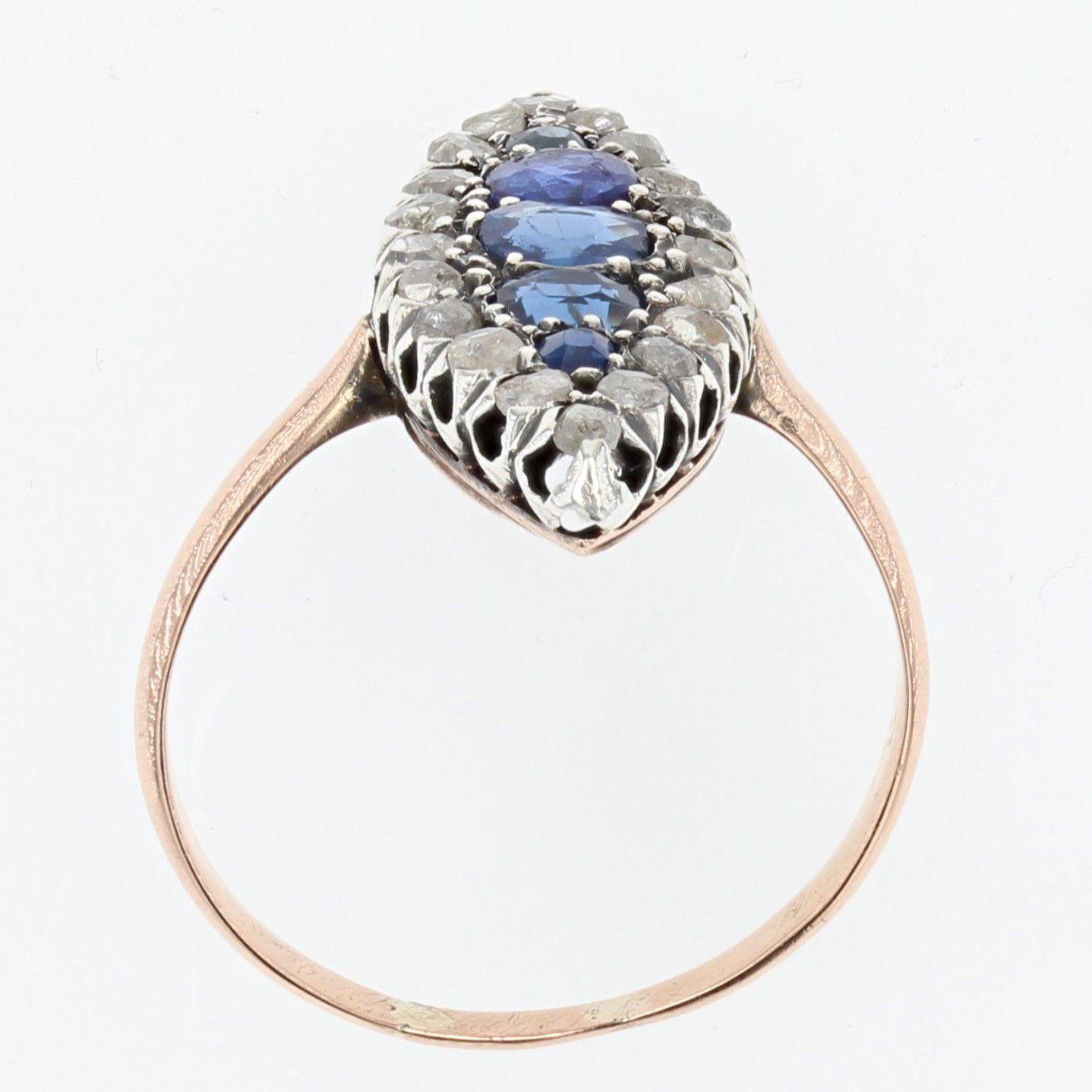 Bague marquise en or jaune 18 carats avec 5 saphirs et diamants, XIXe siècle en vente 3